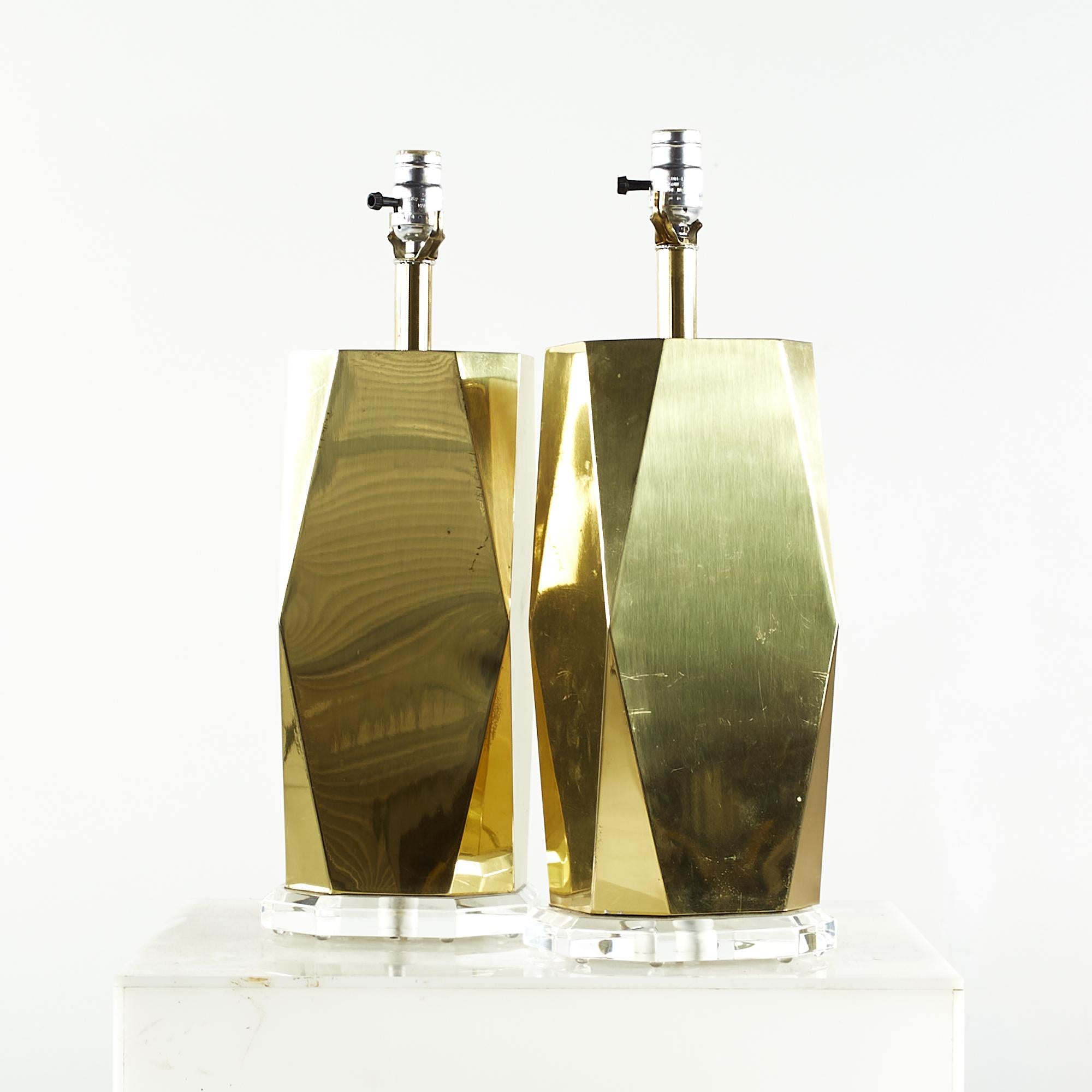 Mid-Century Modern Charles Hollis Jones Style Midcentury Brass and Lucite Table Lamps, Pair For Sale