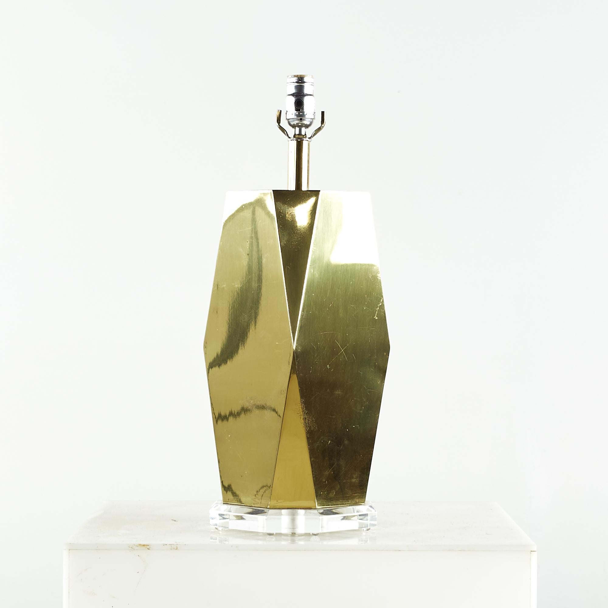 Late 20th Century Charles Hollis Jones Style Midcentury Brass and Lucite Table Lamps, Pair For Sale