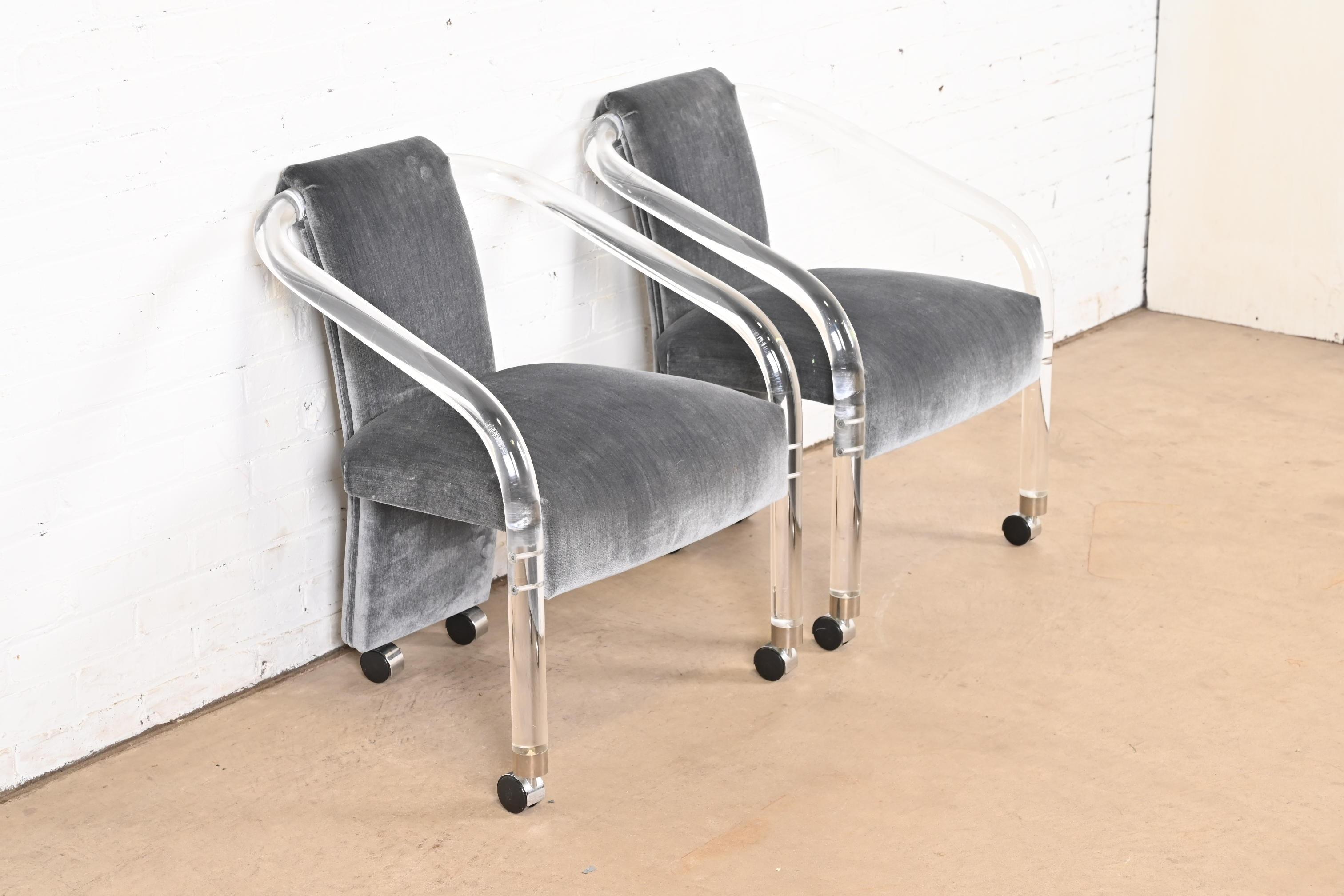 American Charles Hollis Jones Style Modern Art Deco Lucite Armchairs, Pair