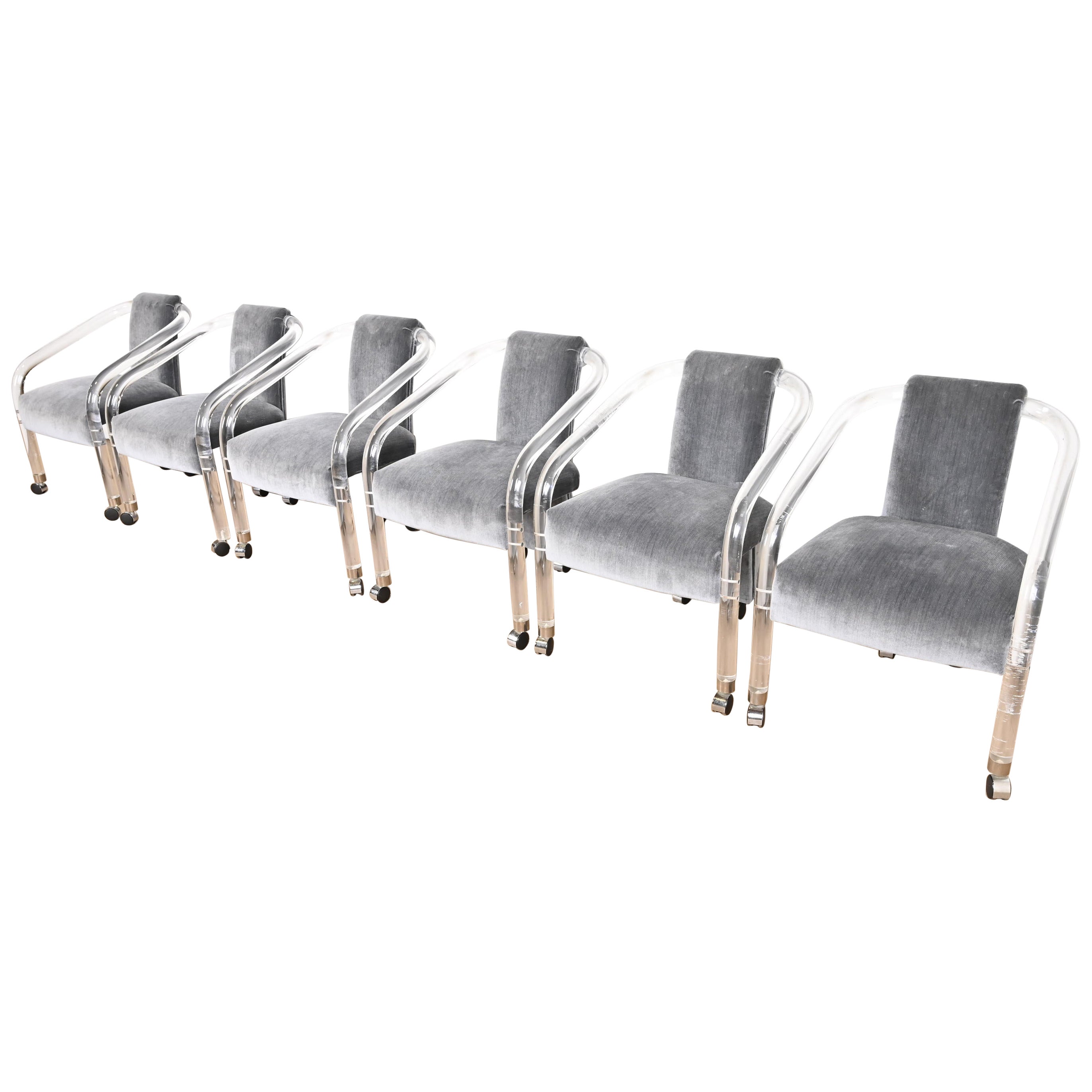 Charles Hollis Jones Style Modern Art Deco Lucite Armchairs, Set of Six