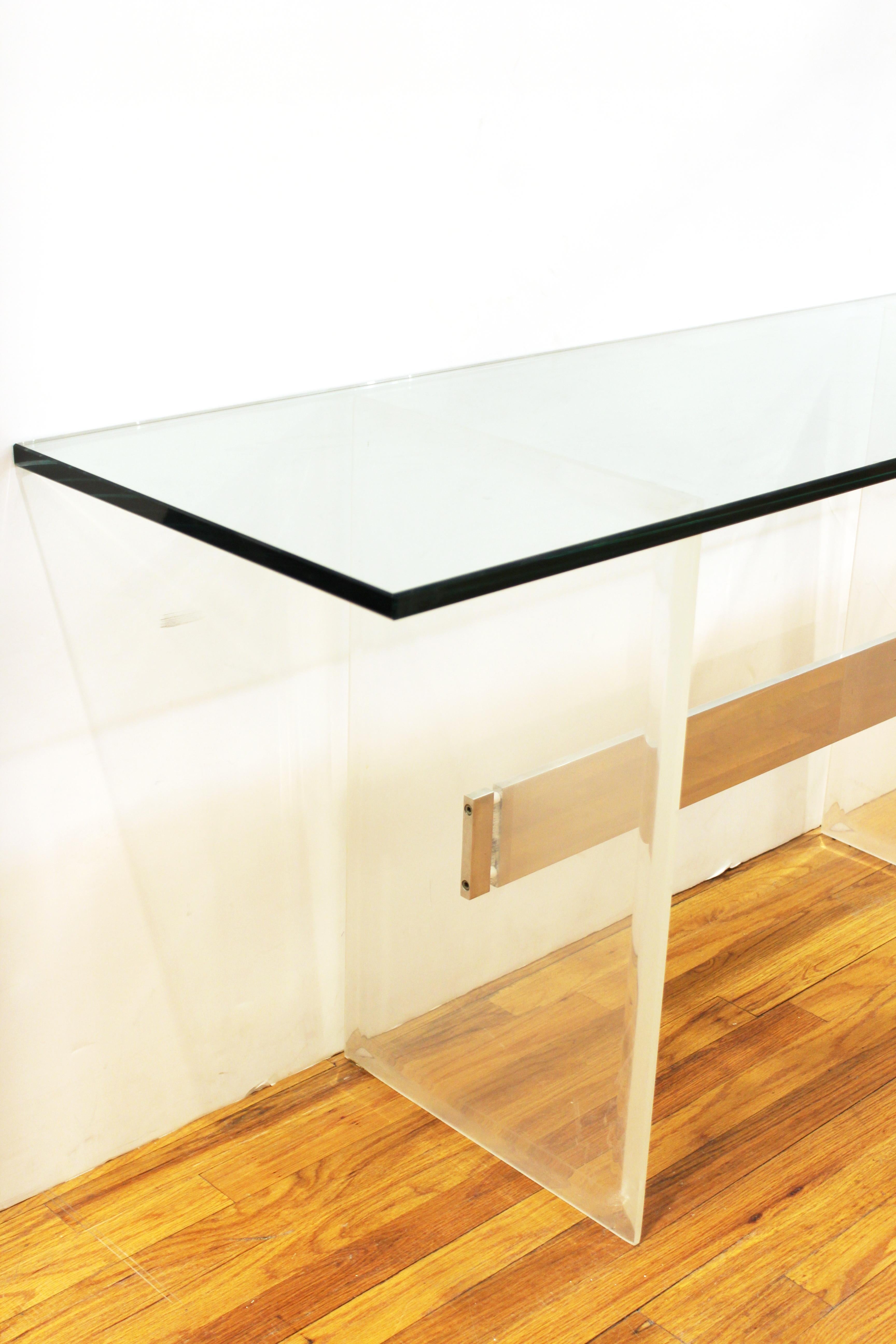 Charles Hollis-Jones Style Modern Lucite Console with Glass Top In Good Condition In New York, NY