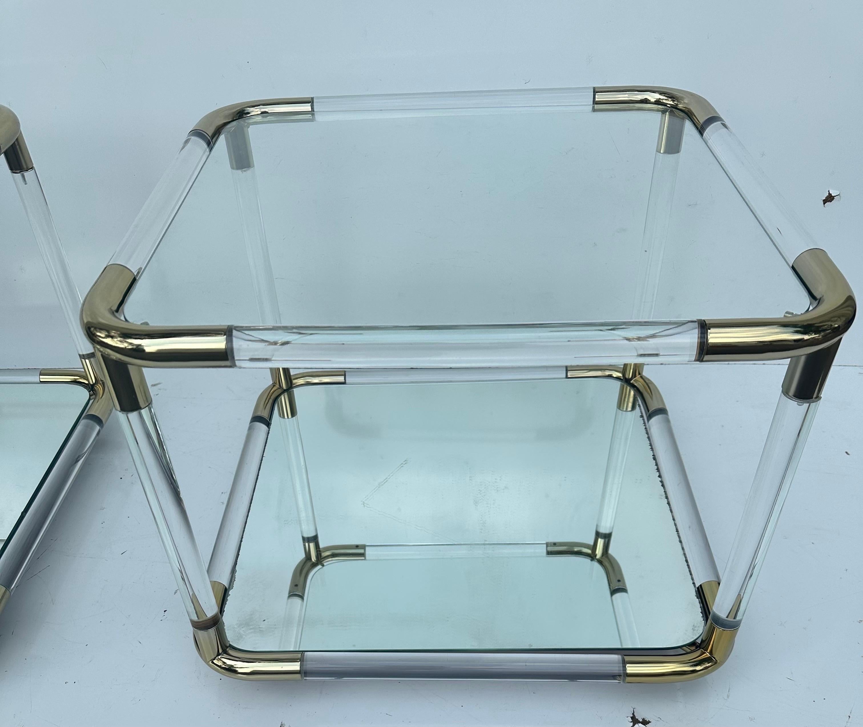American Charles Hollis Jones  Style Pair of lucite and Brass Side Tables For Sale