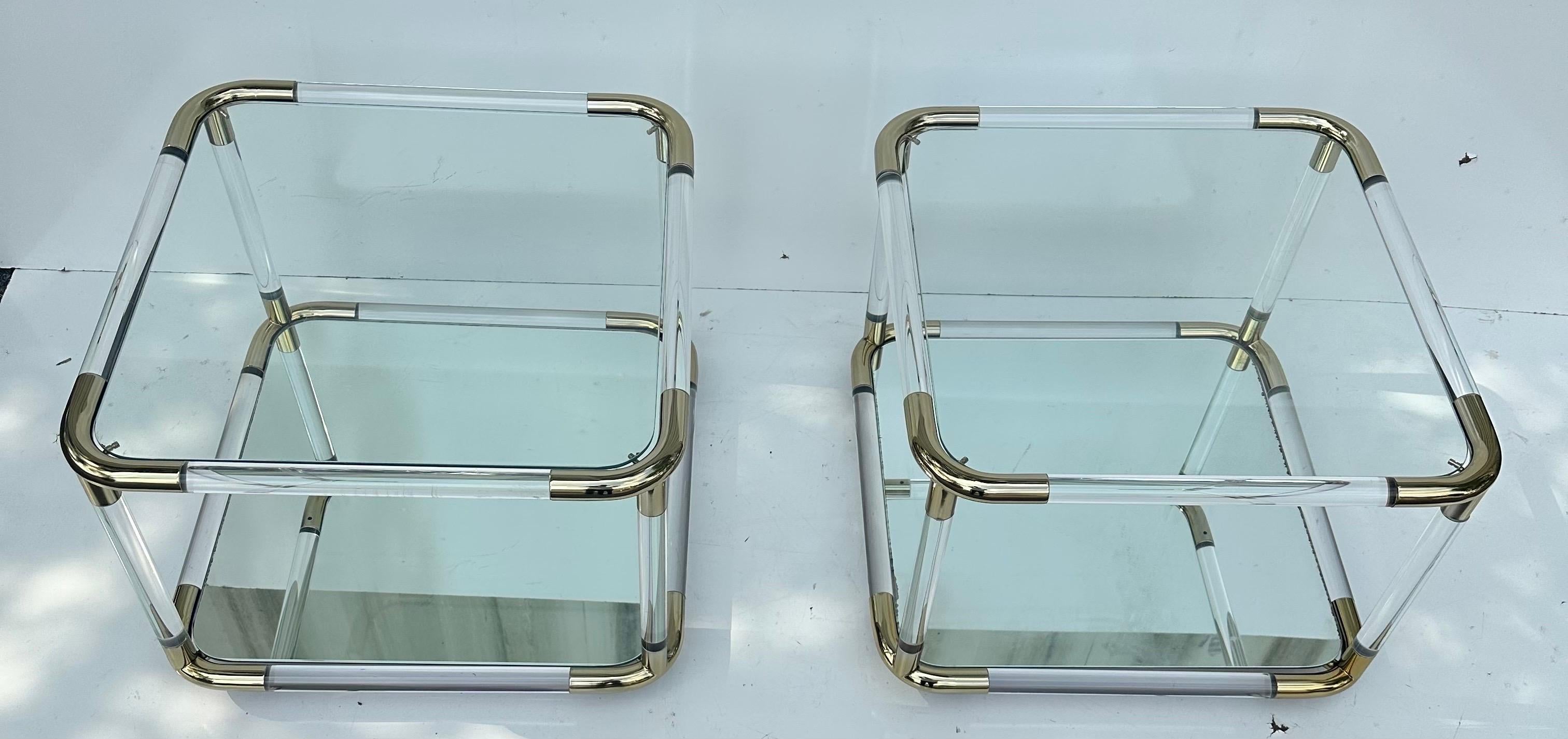 Charles Hollis Jones  Style Pair of lucite and Brass Side Tables For Sale 2