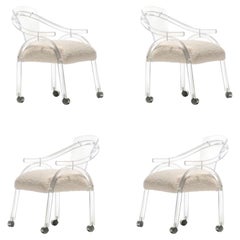 Charles Hollis Jones Style Set of Four Lucite Chairs in Ivory White Bouclé
