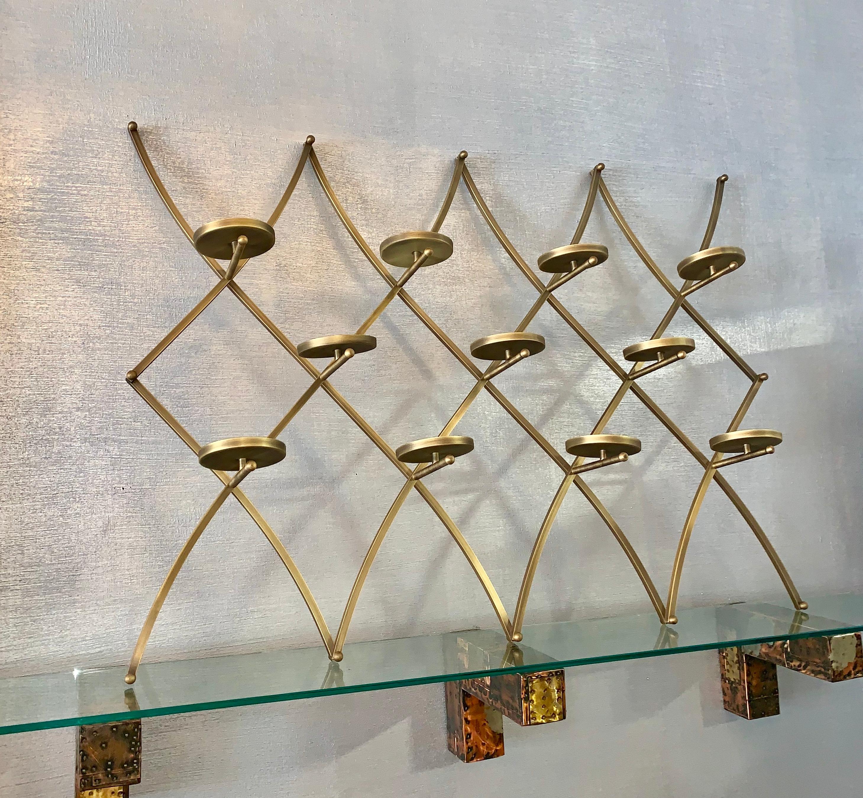 American Charles Hollis Jones Treillage Wall Candle/Plant Holder Made in Solid Brass For Sale