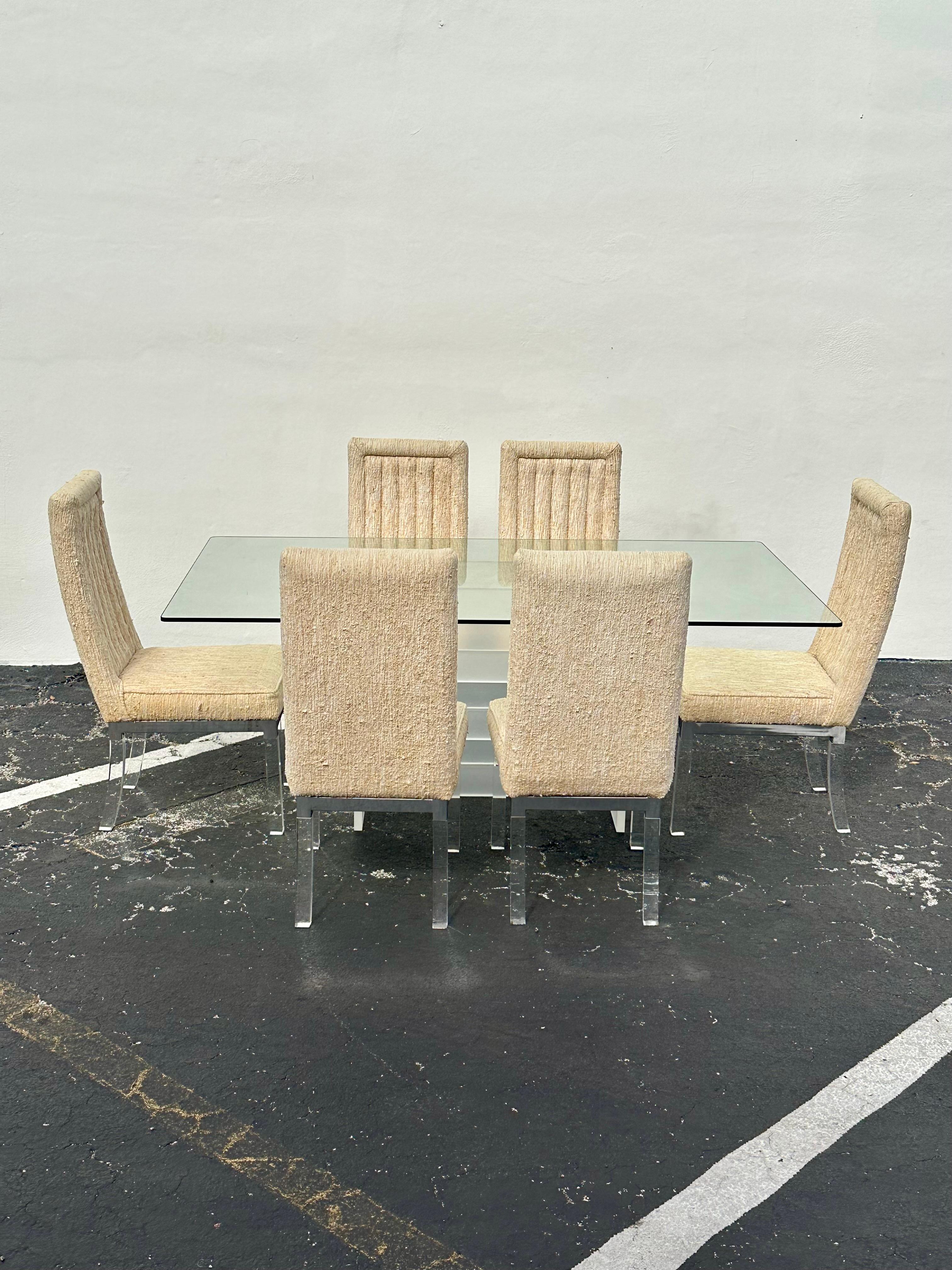Mid-Century moderno Charles Hollis Jones Tweed Lucite Sedie Tavolo da pranzo architettonico, Set di 7 in vendita
