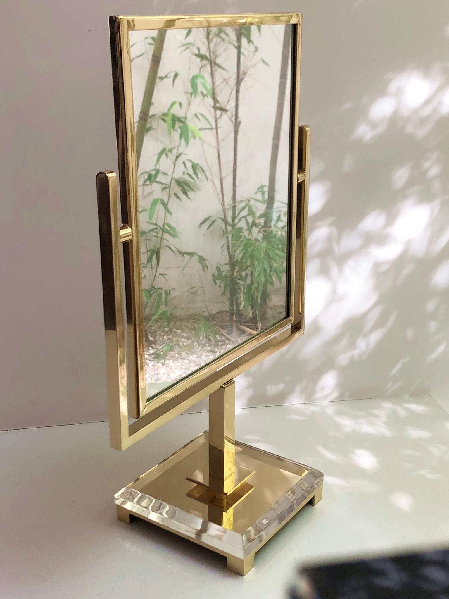 Charles Hollis Jones Vanity Mirror in Polished Brass and Lucite For Sale 1