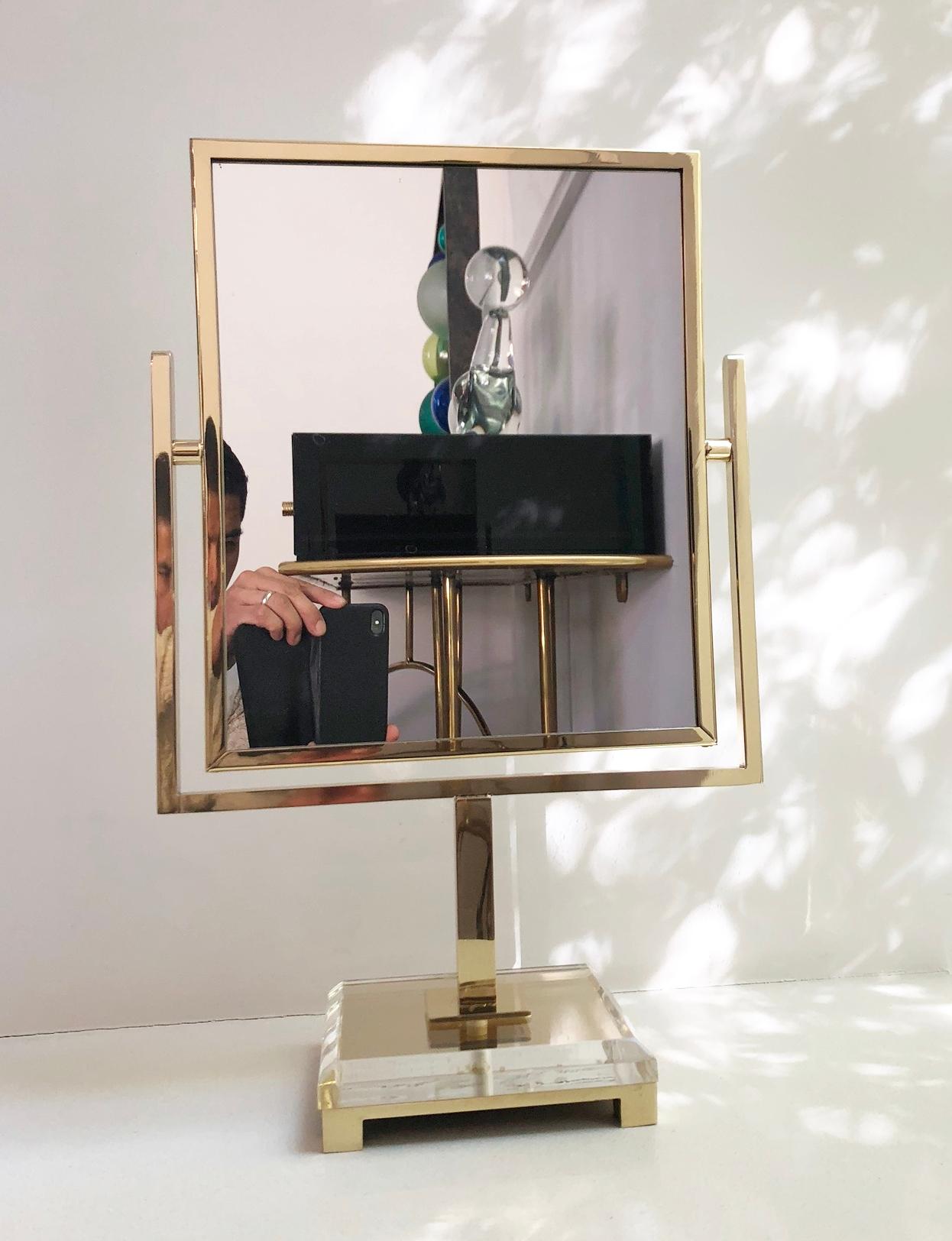 Plated Charles Hollis Jones Vanity Mirror in Polished Brass and Lucite For Sale