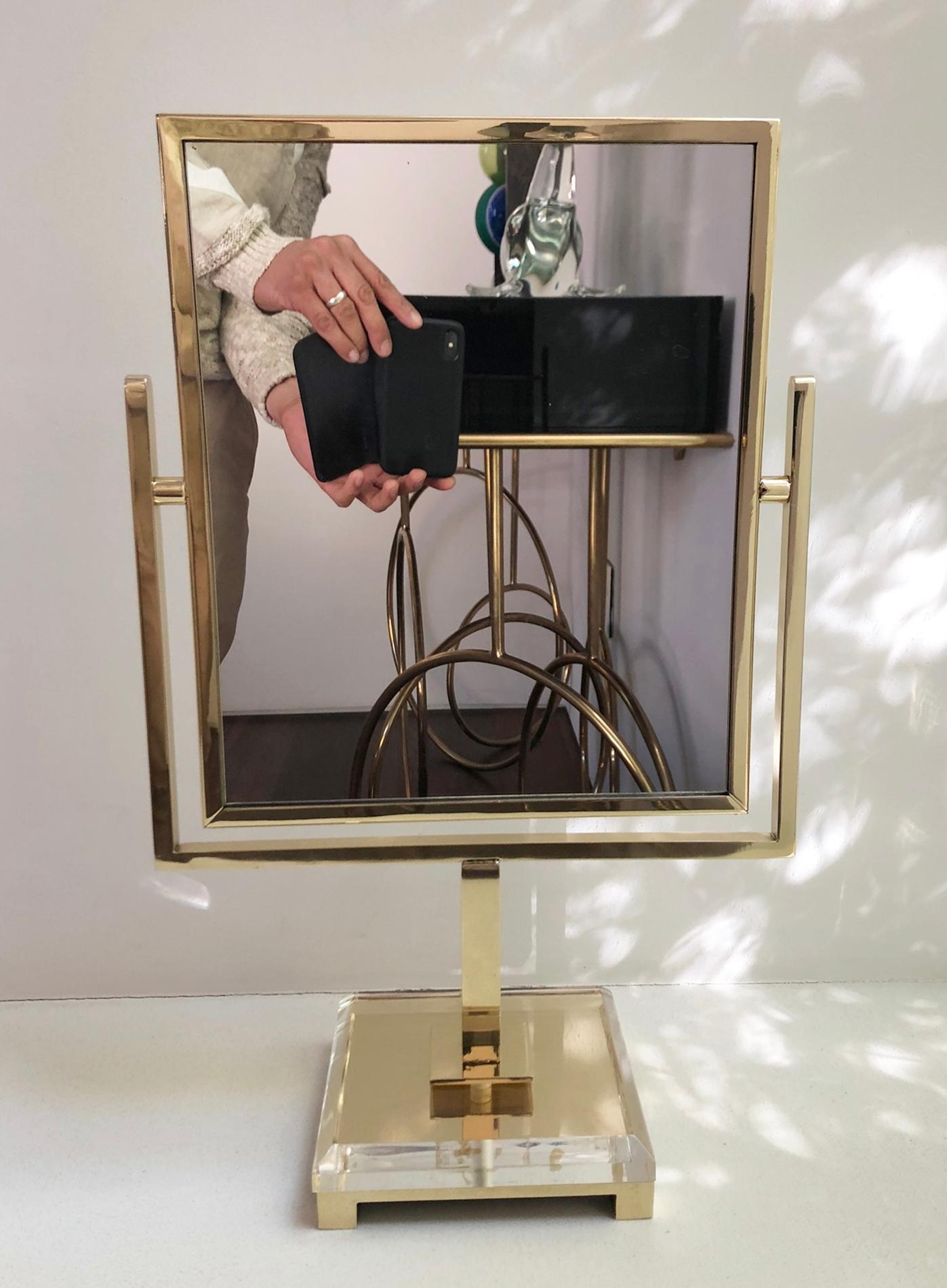 Late 20th Century Charles Hollis Jones Vanity Mirror in Polished Brass and Lucite For Sale