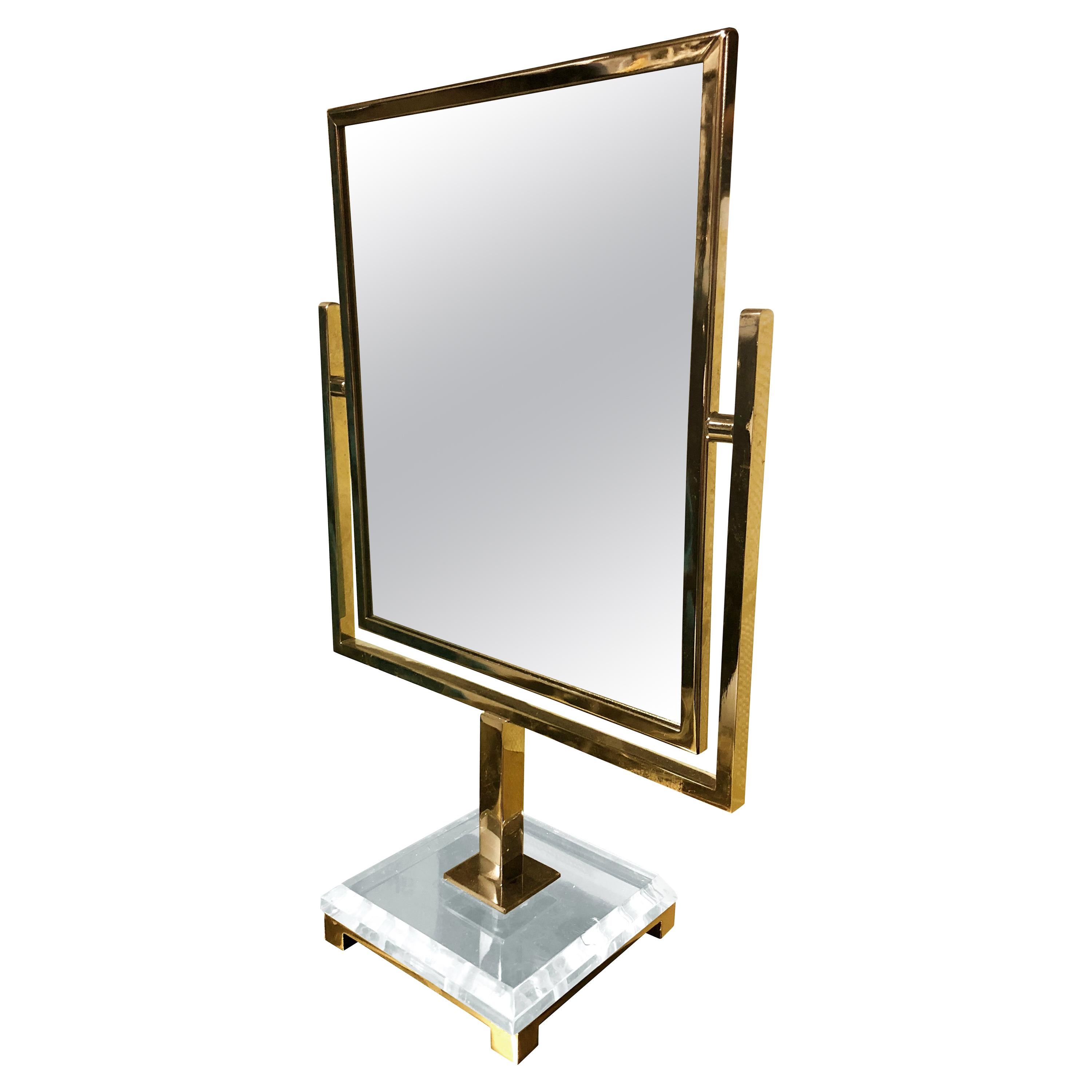 Miroir de coiffeuse Charles Hollis Jones en laiton poli et Lucite