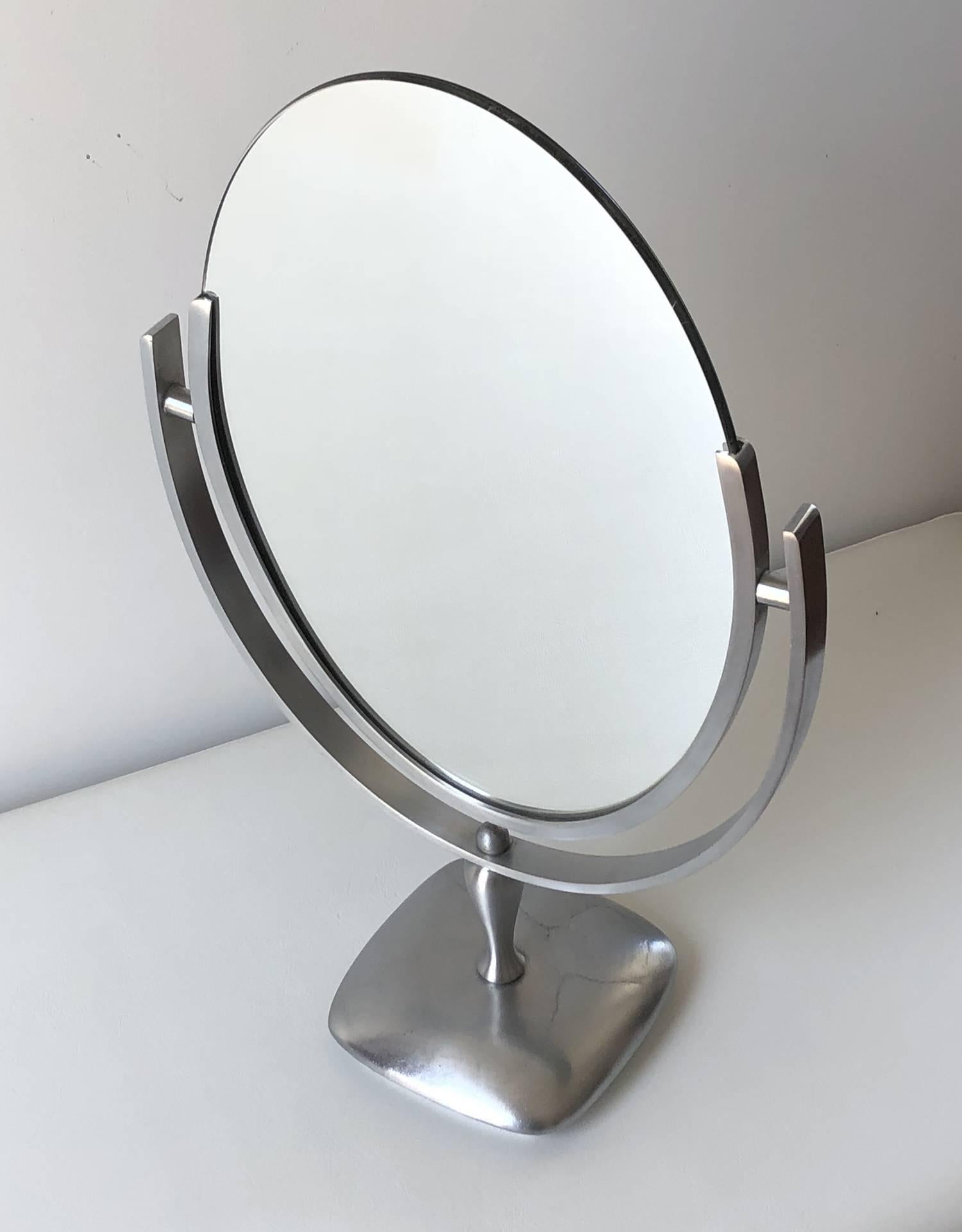 Mid-Century Modern Charles Hollis Jones Vanity or Table Mirror with a Satin Metal Base For Sale