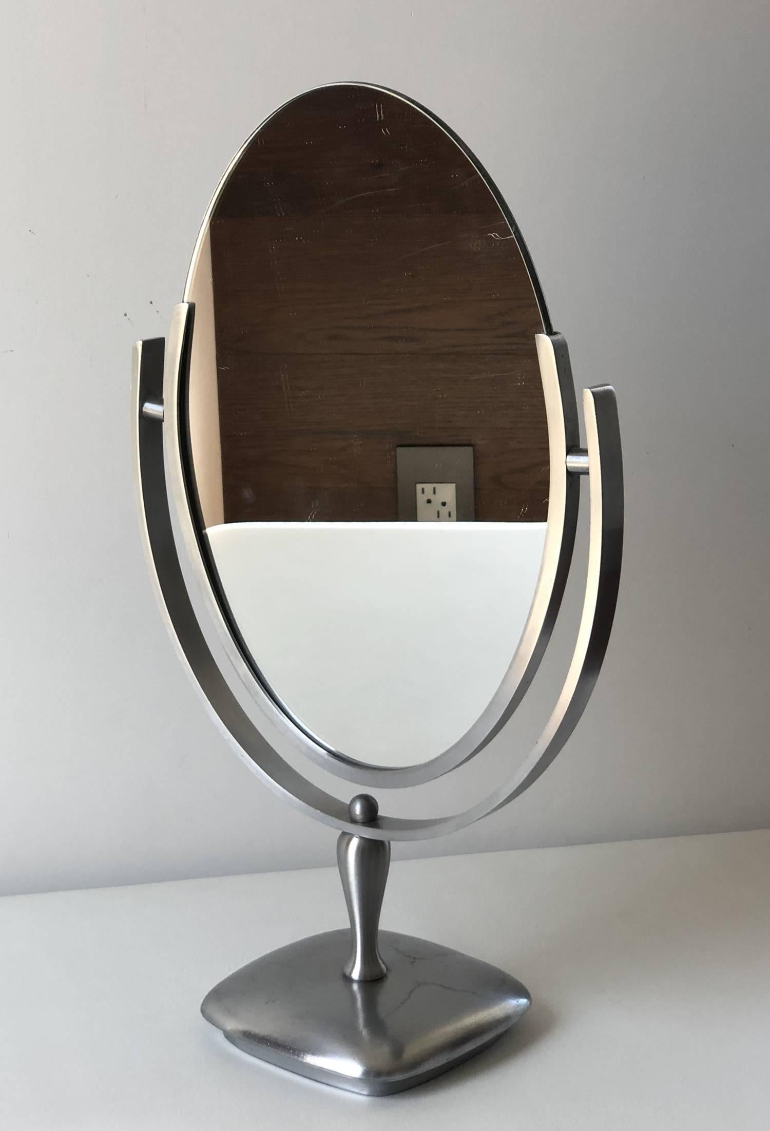 American Charles Hollis Jones Vanity or Table Mirror with a Satin Metal Base For Sale