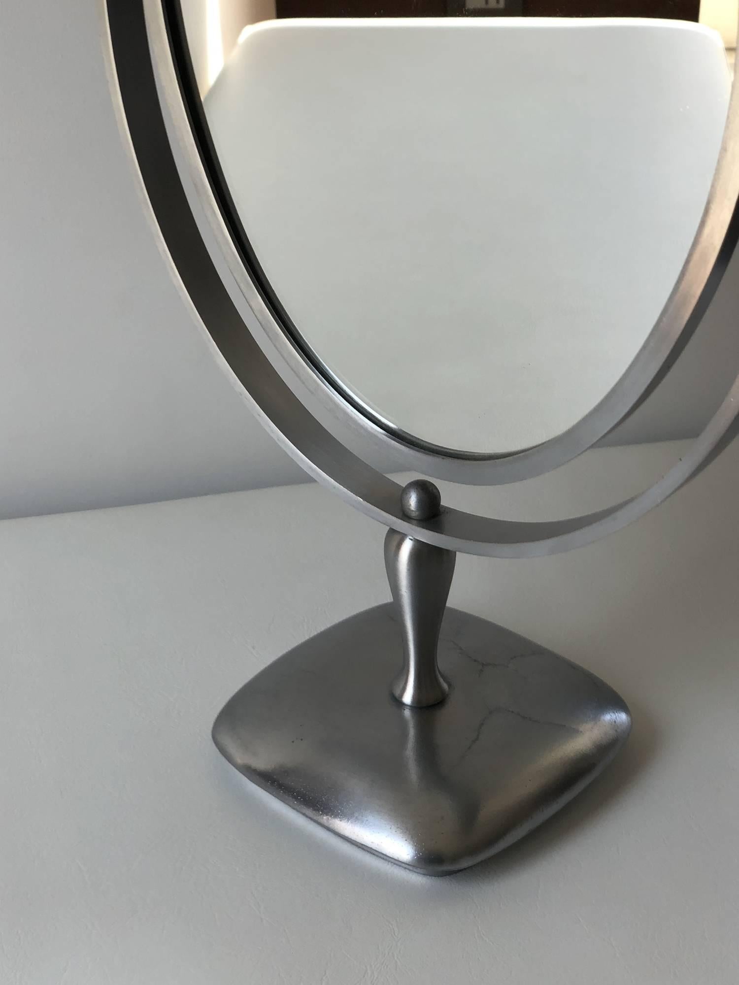 Charles Hollis Jones Vanity or Table Mirror with a Satin Metal Base In Good Condition For Sale In Los Angeles, CA