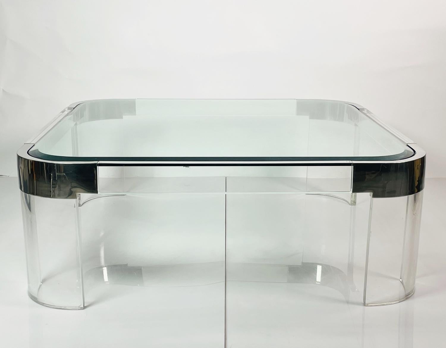 Mid-Century Modern Charles Hollis Jones Waterfall Coffee Table in Lucite, Glass & Polished Nickel For Sale