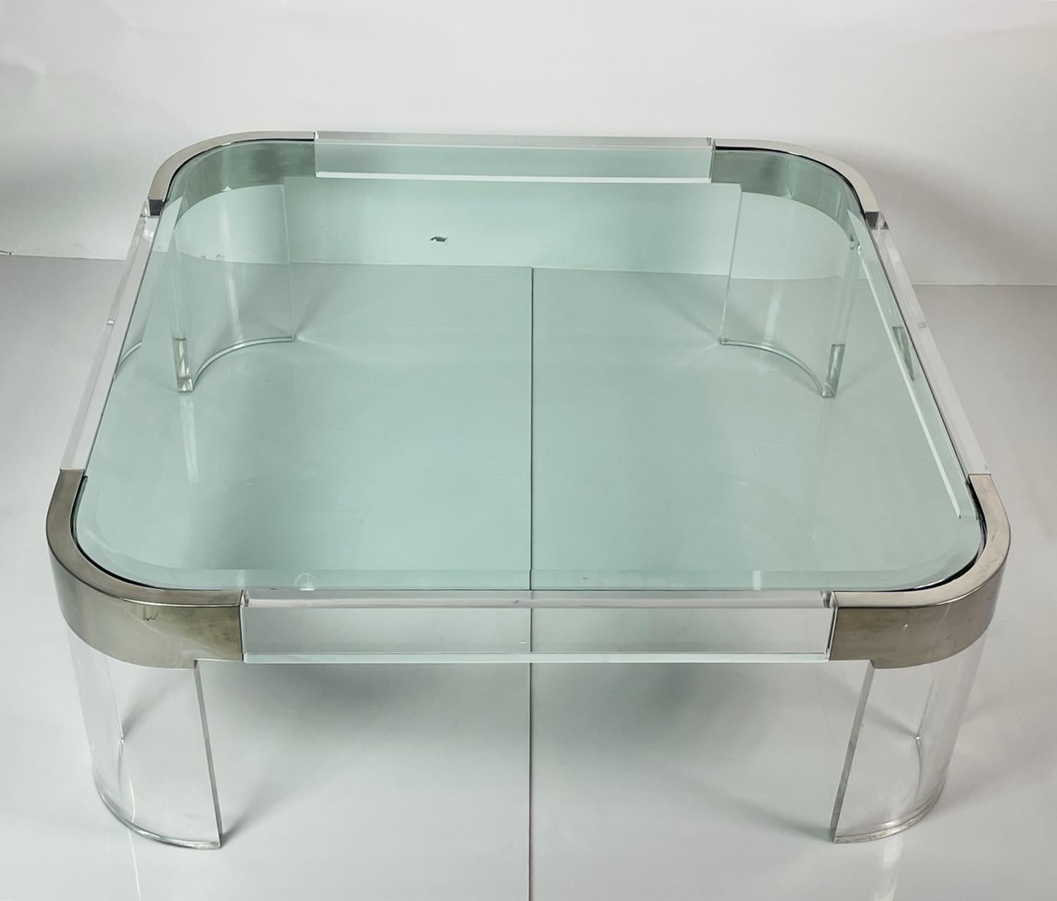 American Charles Hollis Jones Waterfall Coffee Table in Lucite, Glass & Polished Nickel For Sale