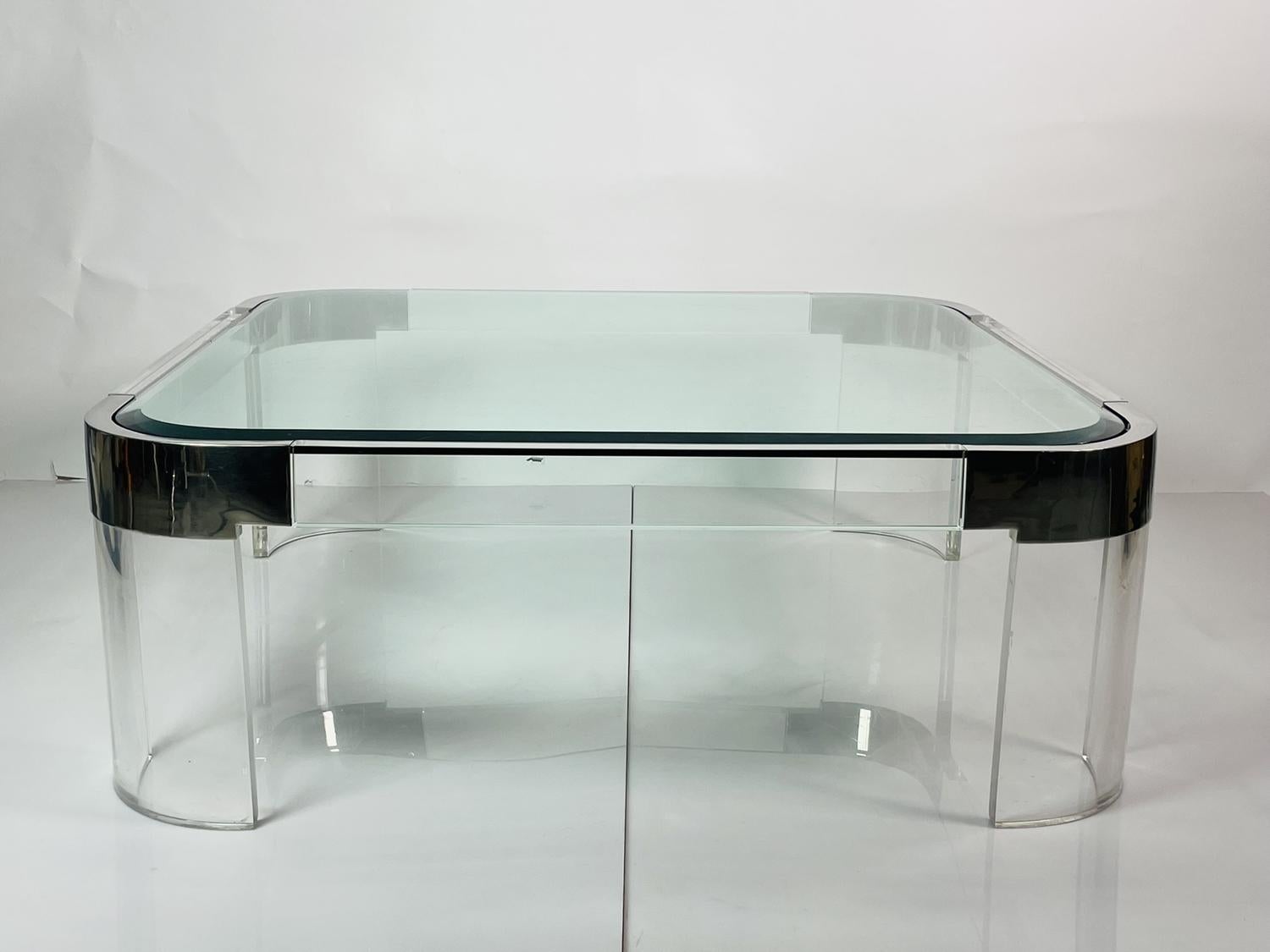 Plated Charles Hollis Jones Waterfall Coffee Table in Lucite, Glass & Polished Nickel For Sale