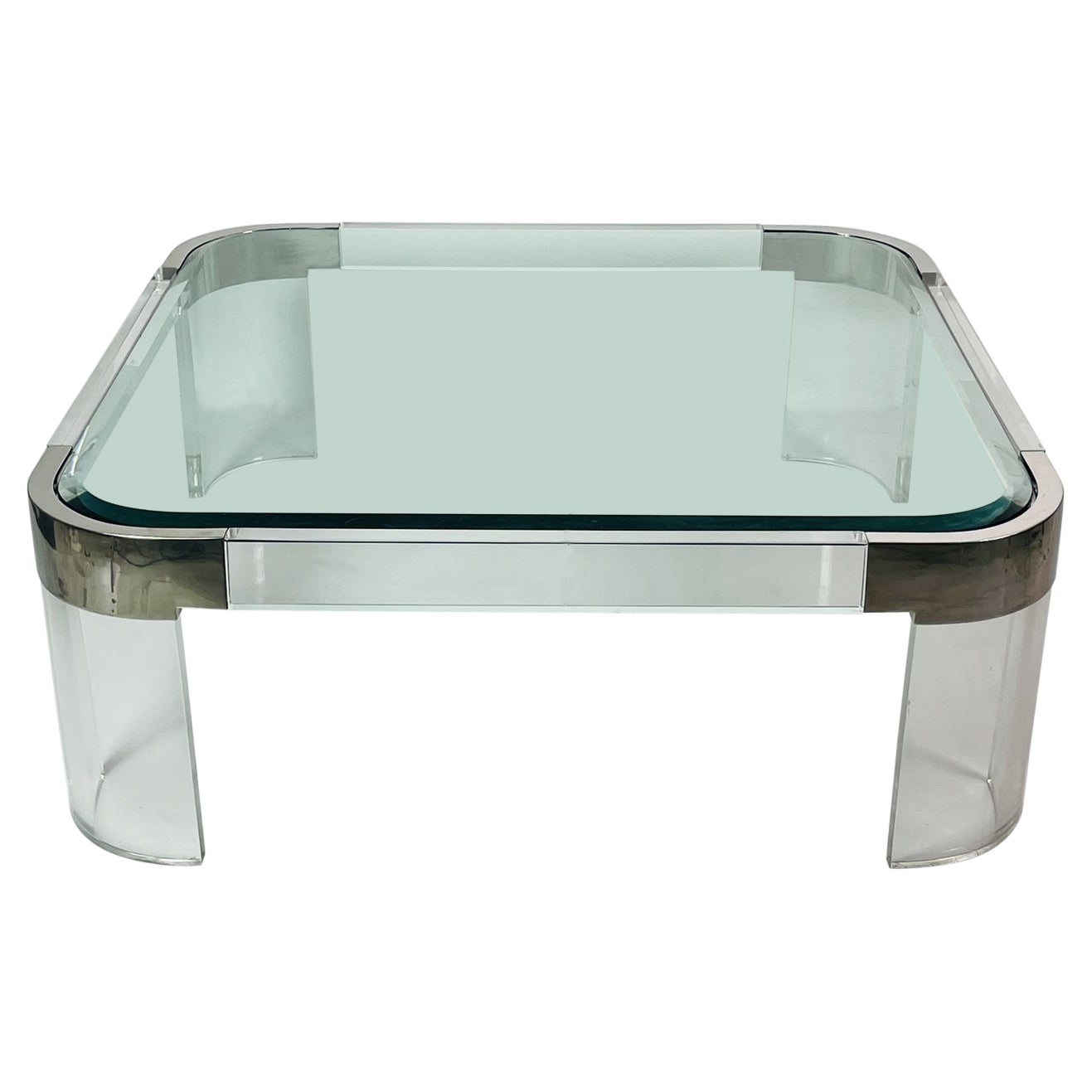 Charles Hollis Jones Tavolino a cascata in lucite, vetro e nichel lucido in vendita
