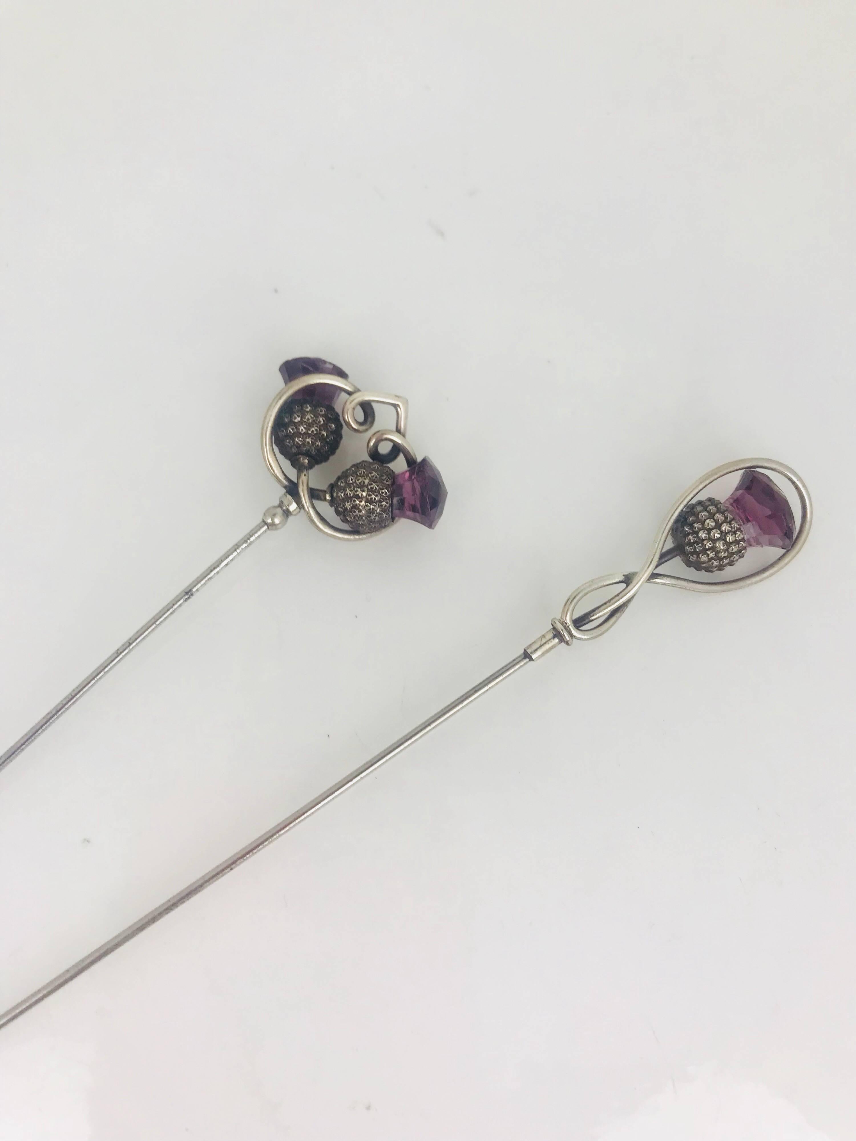 Rose Cut Charles Horner, Victorian Two Hat Pins, Sterling Purple Colored, circa 1860 For Sale