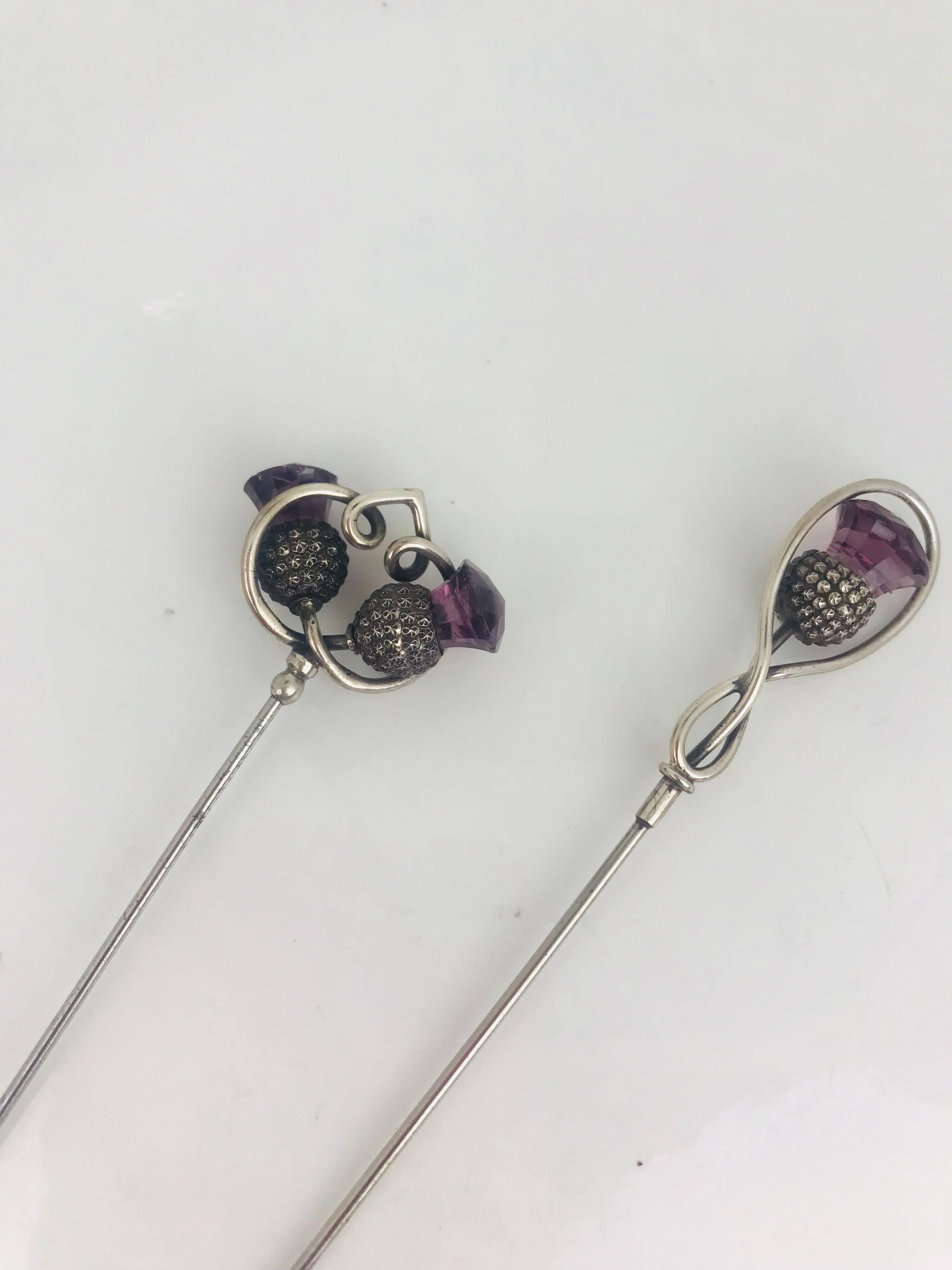 Charles Horner, Victorian Two Hat Pins, Sterling Purple Colored, circa 1860 In Fair Condition For Sale In Aliso Viejo, CA