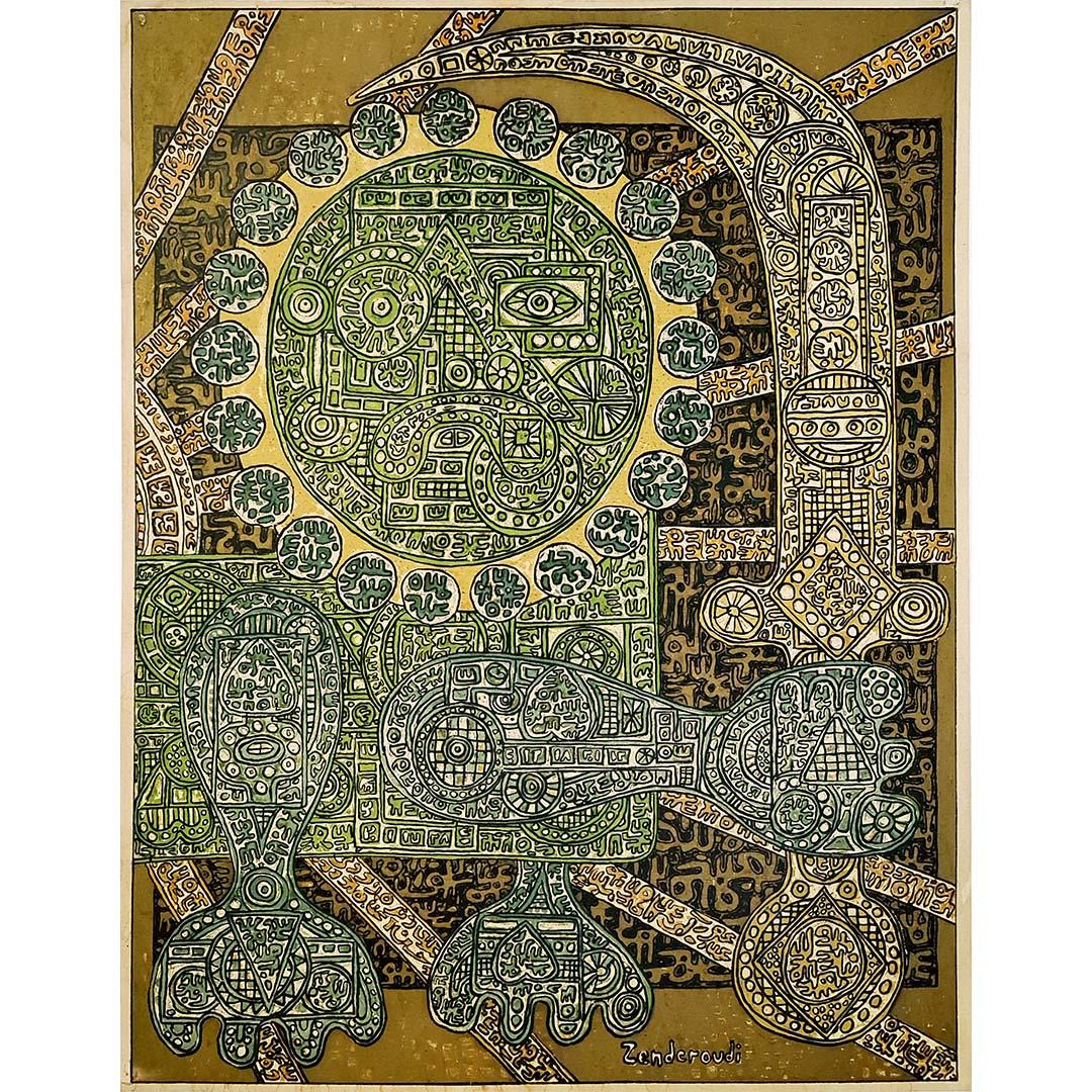 Calligraphic composition by Charles Hossein Zenderoudi. Charles Hossein Zenderoudi is an Iranian painter, calligrapher and sculptor, known as a pioneer of modern Iranian art and as one of the first artists to incorporate elements of Arabic