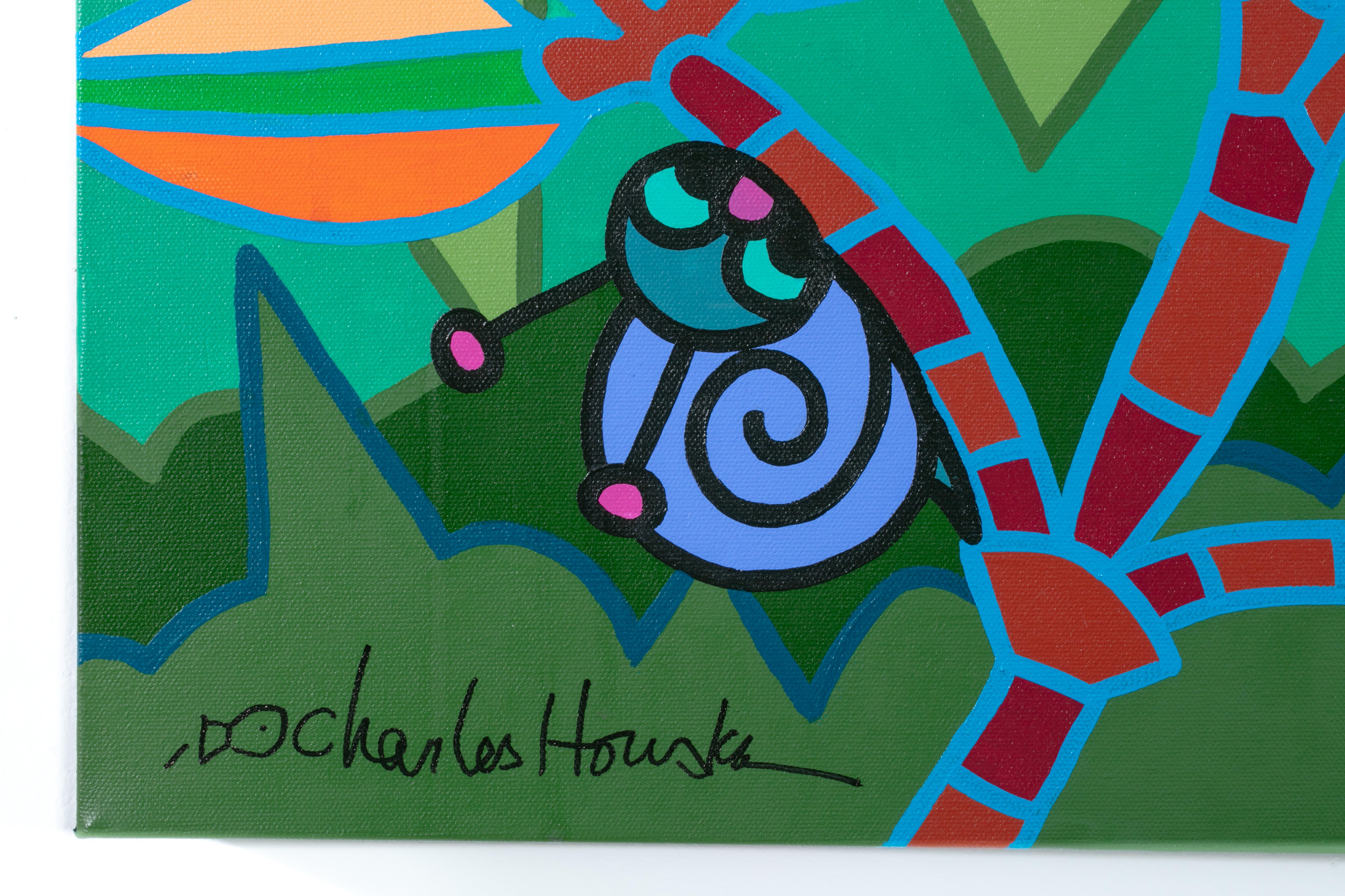 In Houskas Chinoiserie Jungle Party sehen Sie seinen klassischen Pop-Art-Stil und die Verwendung von sanften Farben, um eine lebendige Dschungelszene mit verschiedenen ikonischen Figuren zu schaffen.