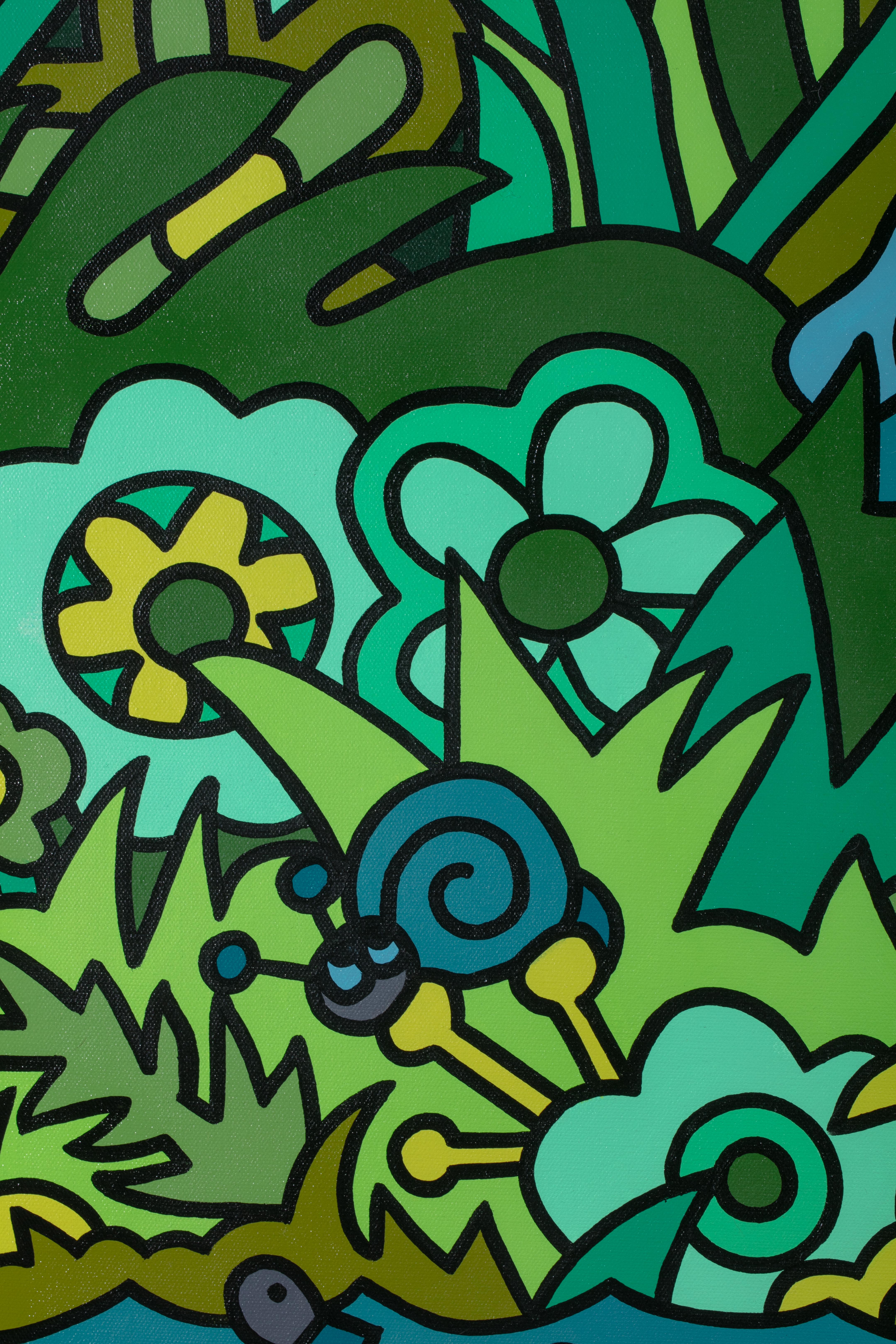 In The Artful Green One di Houska, si nota il suo stile pop art e l'uso di un'ombreggiatura di colori verdi per creare una scena unica con una varietà di personaggi iconici nascosti nella foresta che giocano al classico gioco.
