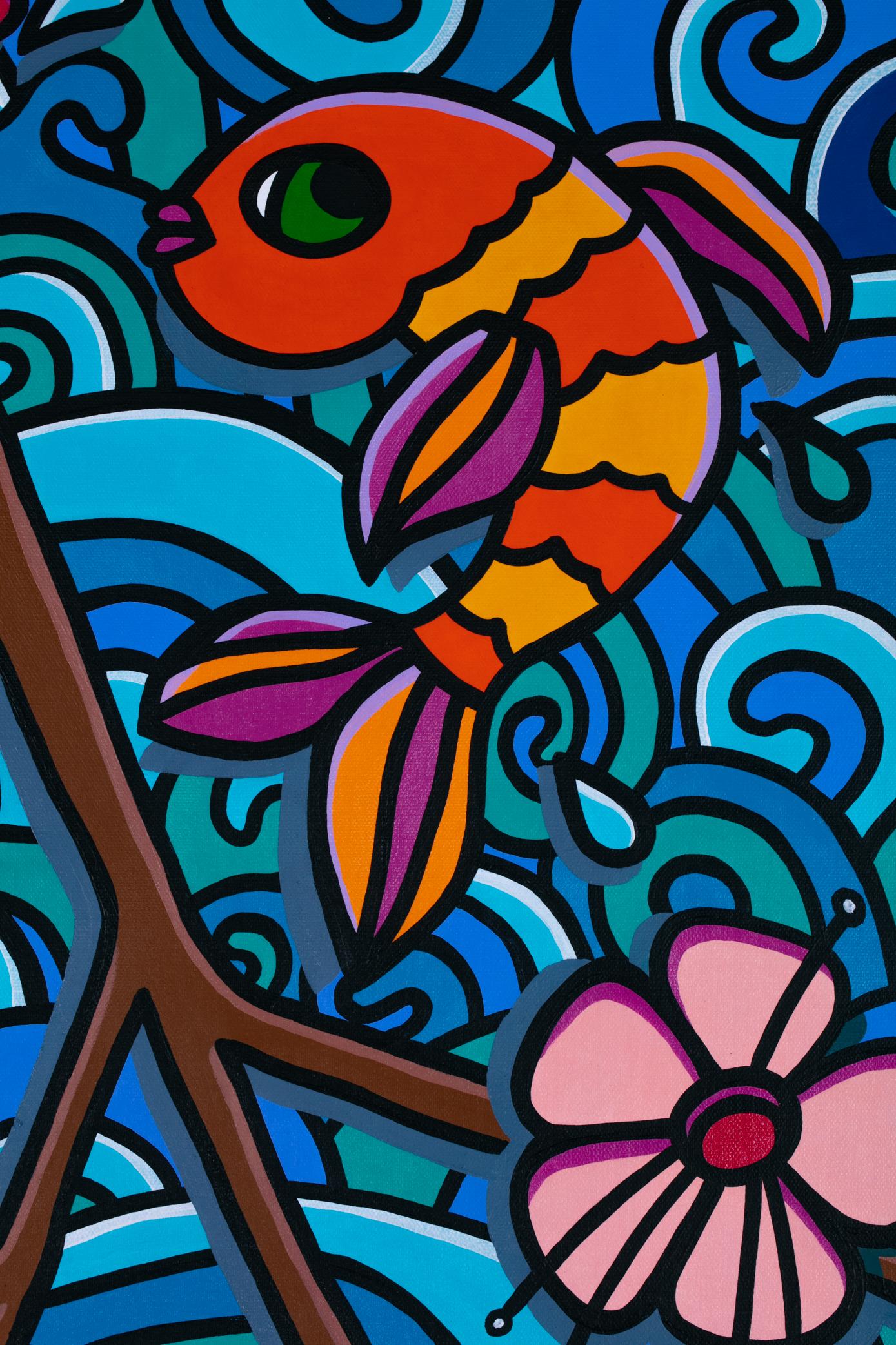 Known for his Pop Art style, here Houska applies an Ombre technique of blue shades to create a unique and festive scene of iconic Koi frolicking in water. His works are happy, joyous and meant to uplift the observer.