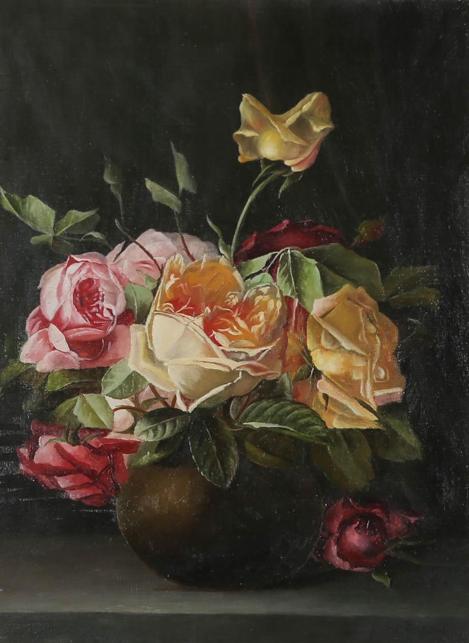 Charles Howson Bennett (1862-1940) - Huile encadrée, Roses dans un Vase 1