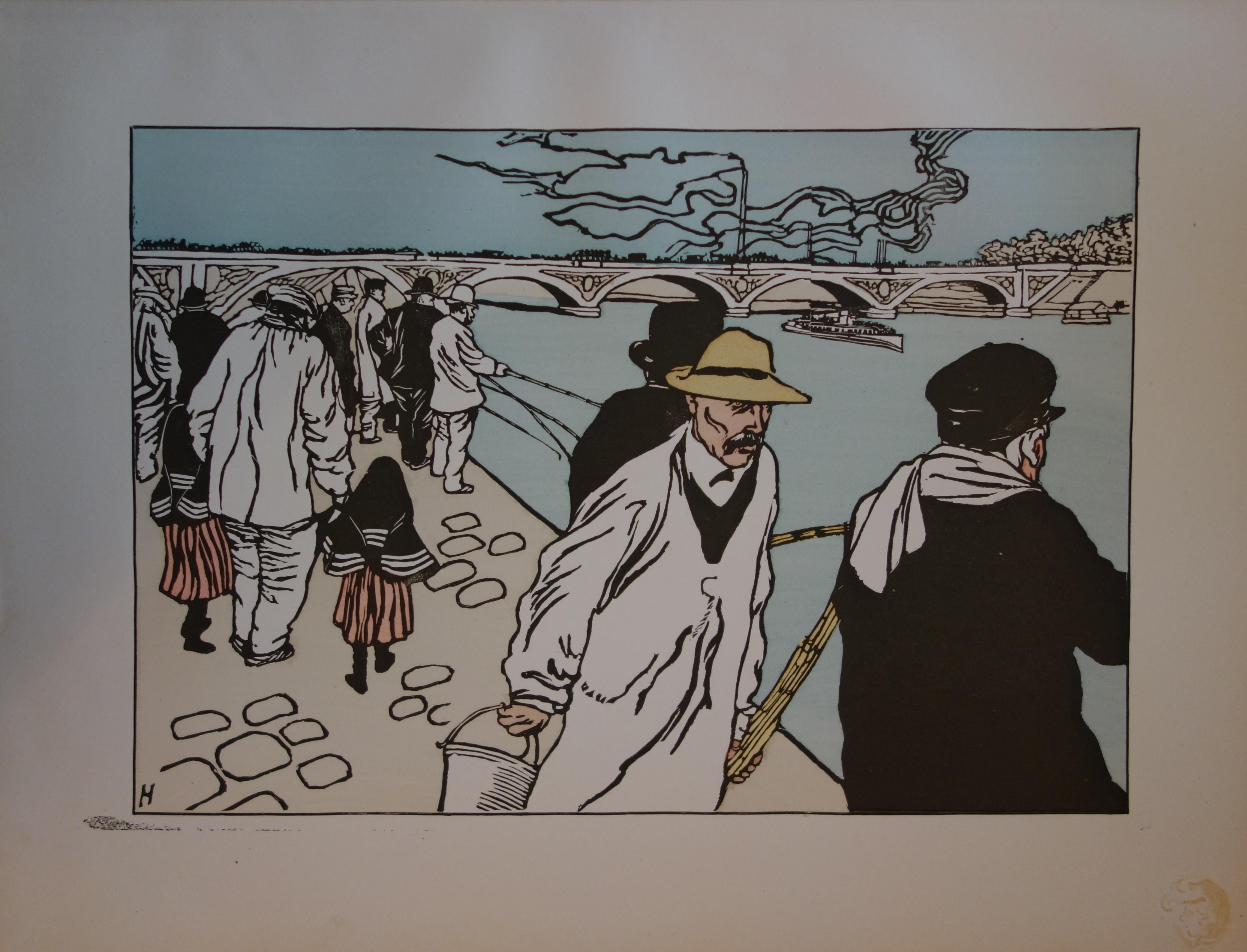 Pescadores en París - Litografía original, 1898 - Print de Charles Huard