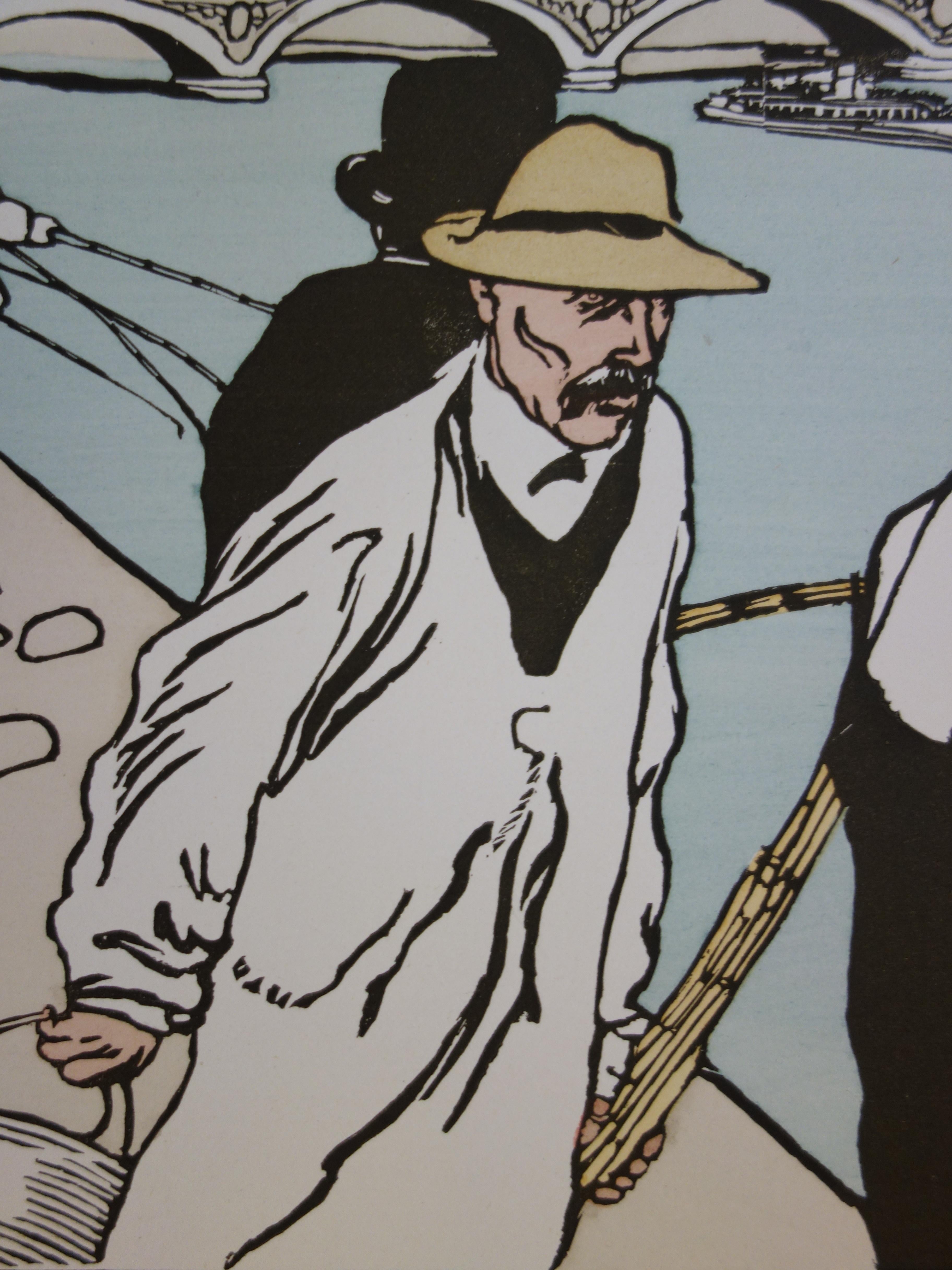 Pescadores en París - Litografía original, 1898 - Figurative Print Gris de Charles Huard