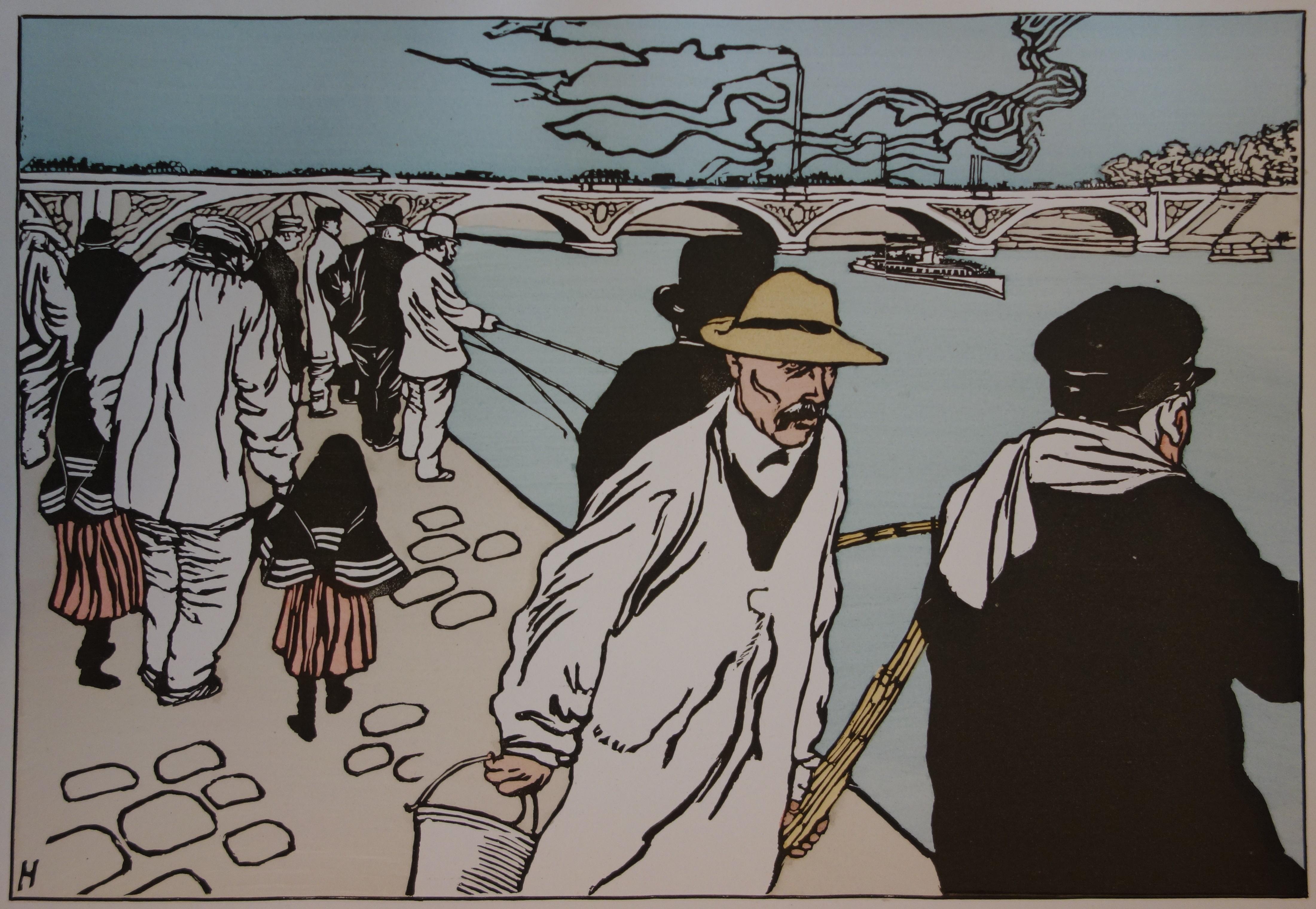 Figurative Print de Charles Huard - Pescadores en París - Litografía original, 1898