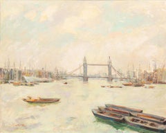 Retro 'River Thames and the Tower Bridge, London' by Charles Hug ( 1899 – 1979 ) 