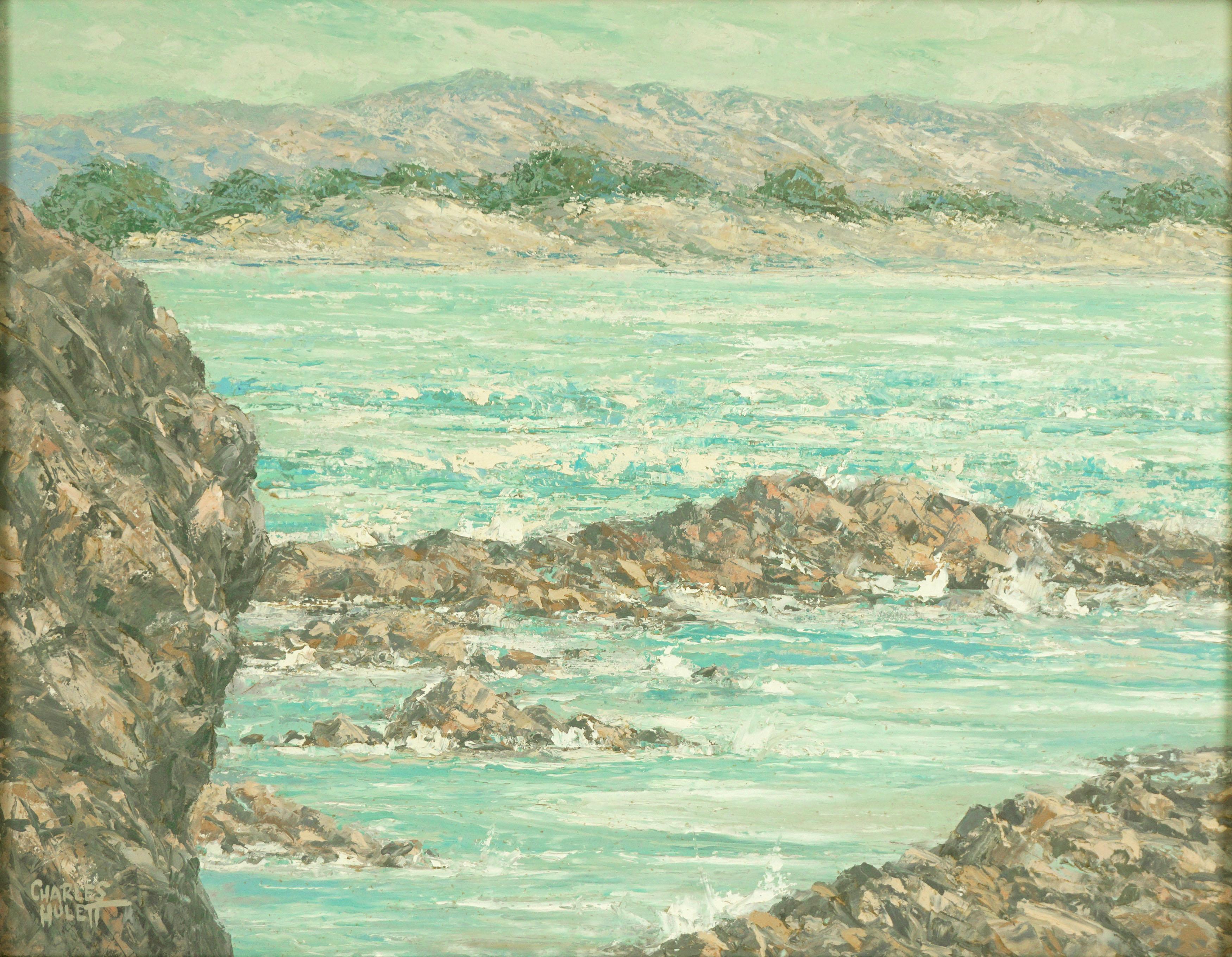 Mid Century Carmel Monastery Beach California Impressionist Oil Painting 

Beautiful impressionist style painting of iconic Monastery Beach in Carmel by Charles Hulett (American, 1903-1907), circa 1950. This painting displays Hulett's technical