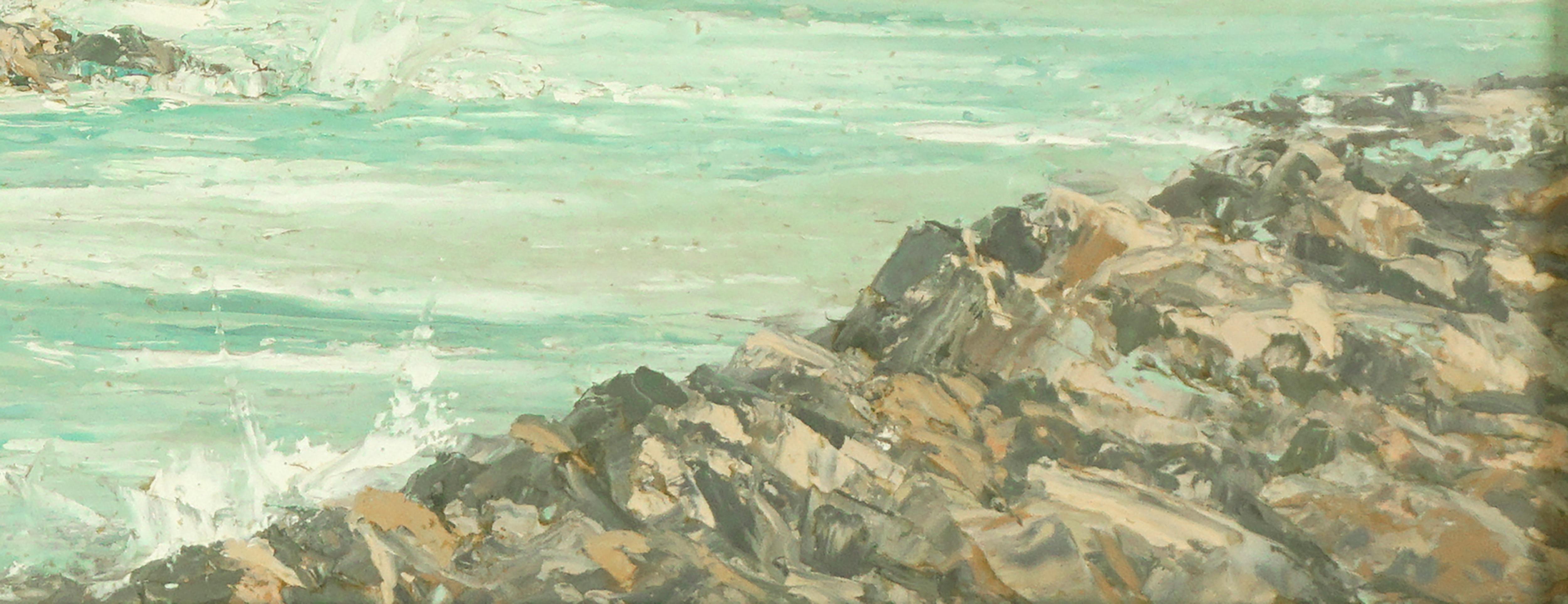 Pintura al óleo impresionista de mediados de siglo Carmel Monastery Beach California 

Precioso cuadro de estilo impresionista de la emblemática Playa del Monasterio en Carmel, de Charles Hulett (estadounidense, 1903-1907), hacia 1950. Este cuadro
