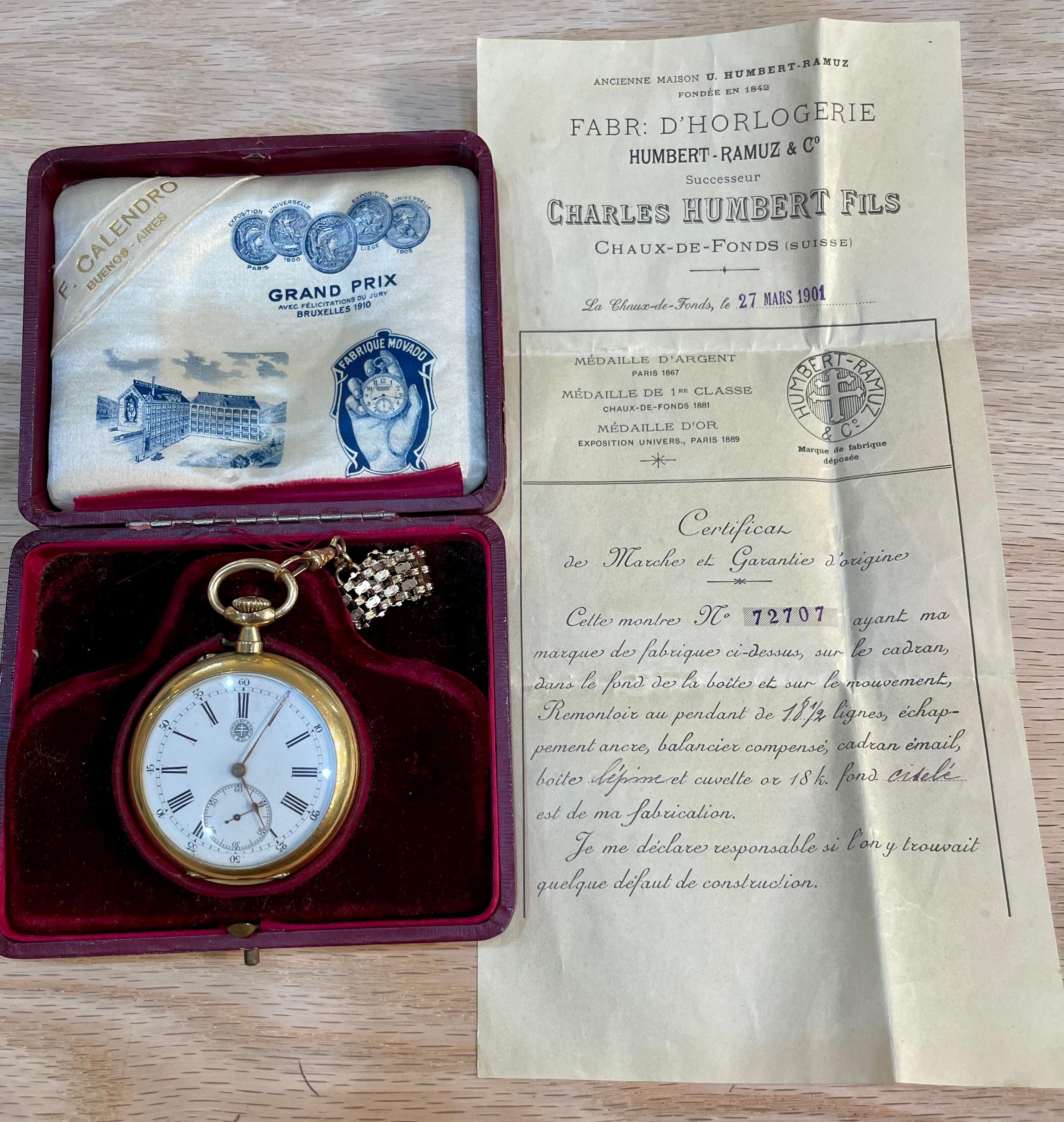 Rare 18kt yellow gold Charles Humbert Fils pocketwatch with original box and papers dated in 1901 

Original Receipt with serial number and date included in box.

Paris Made

Light visible wear in estate condition

Keyless lever entry pocket watch


