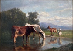 Charles Humbert, Swiss Alpine landscape with cows and goats watering