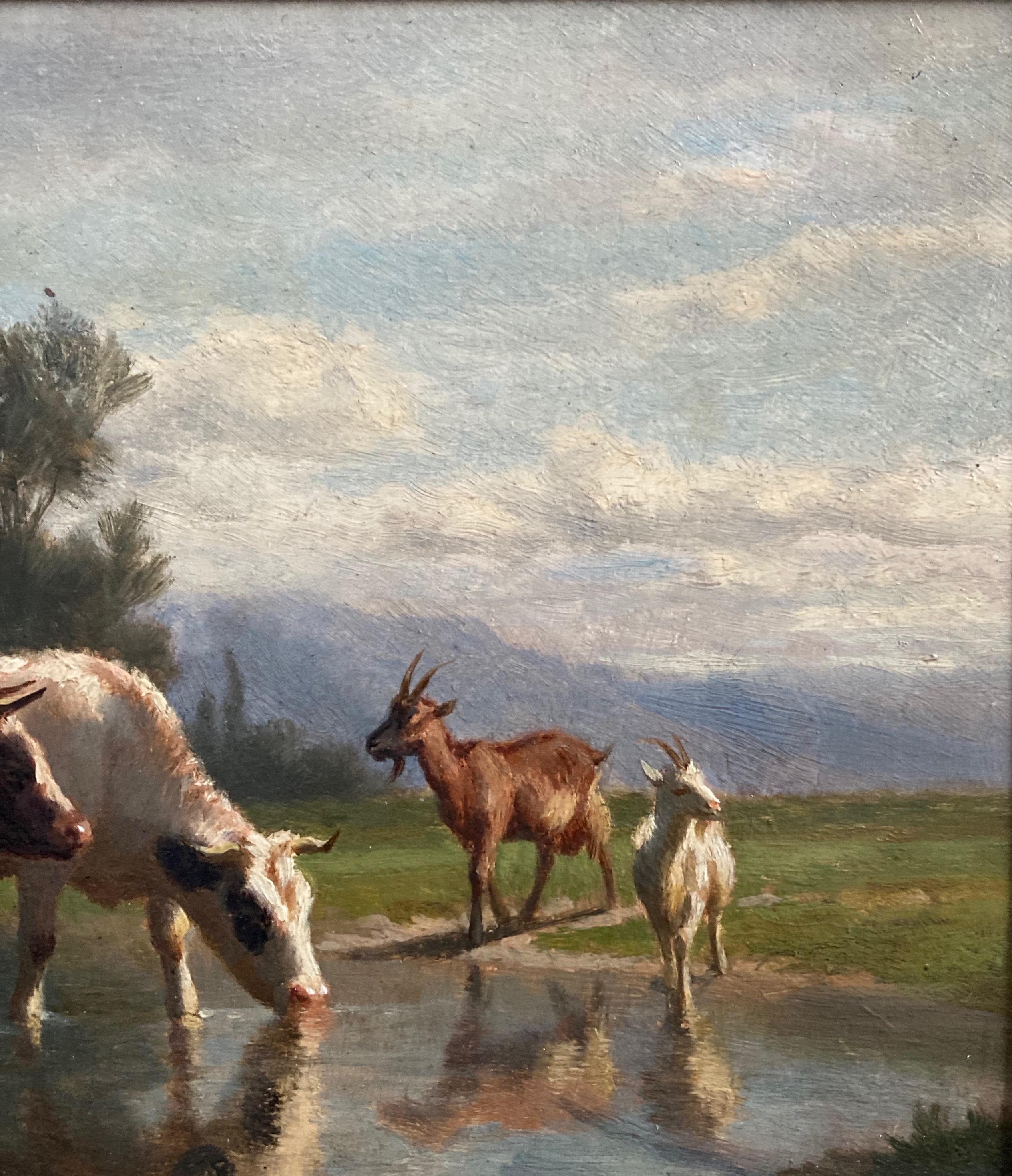 A beautifully painted scene with cattle and goats watering in an Alpine lake.

Charles Humbert (1813-1881)
Cattle and goats watering at an Alpine lake
Signed and indistinctly dated '1844'
Oil on panel
6 x 8¼ inches
12 x 14½ inches with the