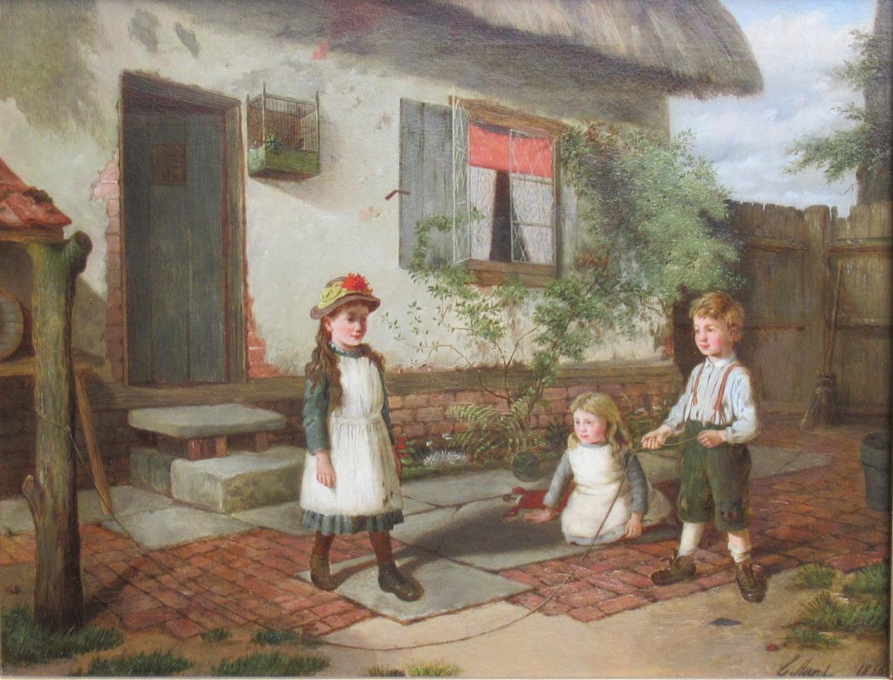 Charming oil on canvas by Charles Hunt typical of his work where he specialized in light hearted studies of Children in rural English settings. Titled “The Halfway House” 

This vintage view depicts three children playing outside a thatched