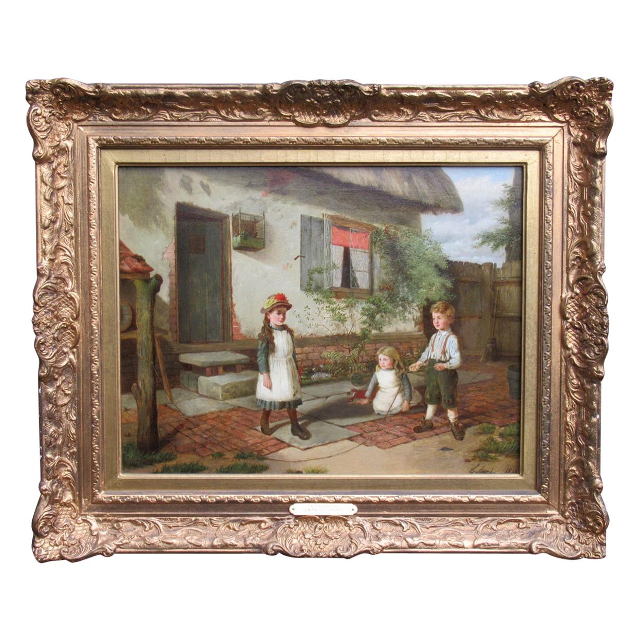 Charles Hunt English Antique Oil Canvas Painting Farmhouse Children Dated 1866