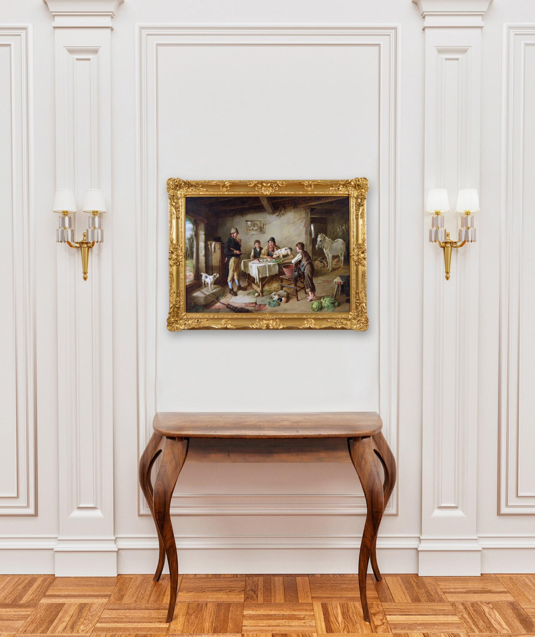 Dipinto a olio di genere del XIX secolo con figure in un cottage con animali in vendita 5