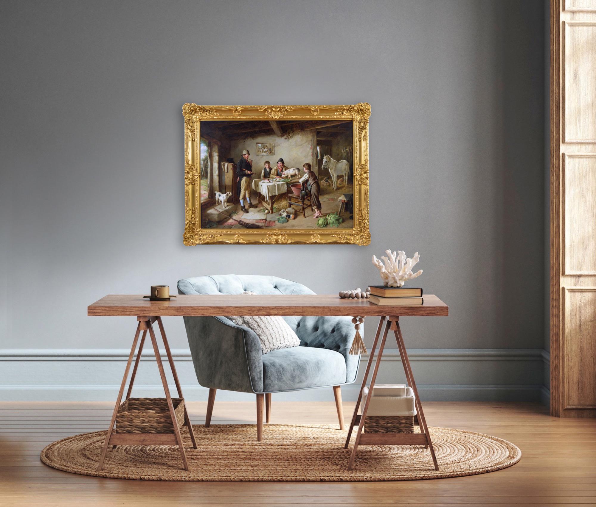 Dipinto a olio di genere del XIX secolo con figure in un cottage con animali in vendita 6