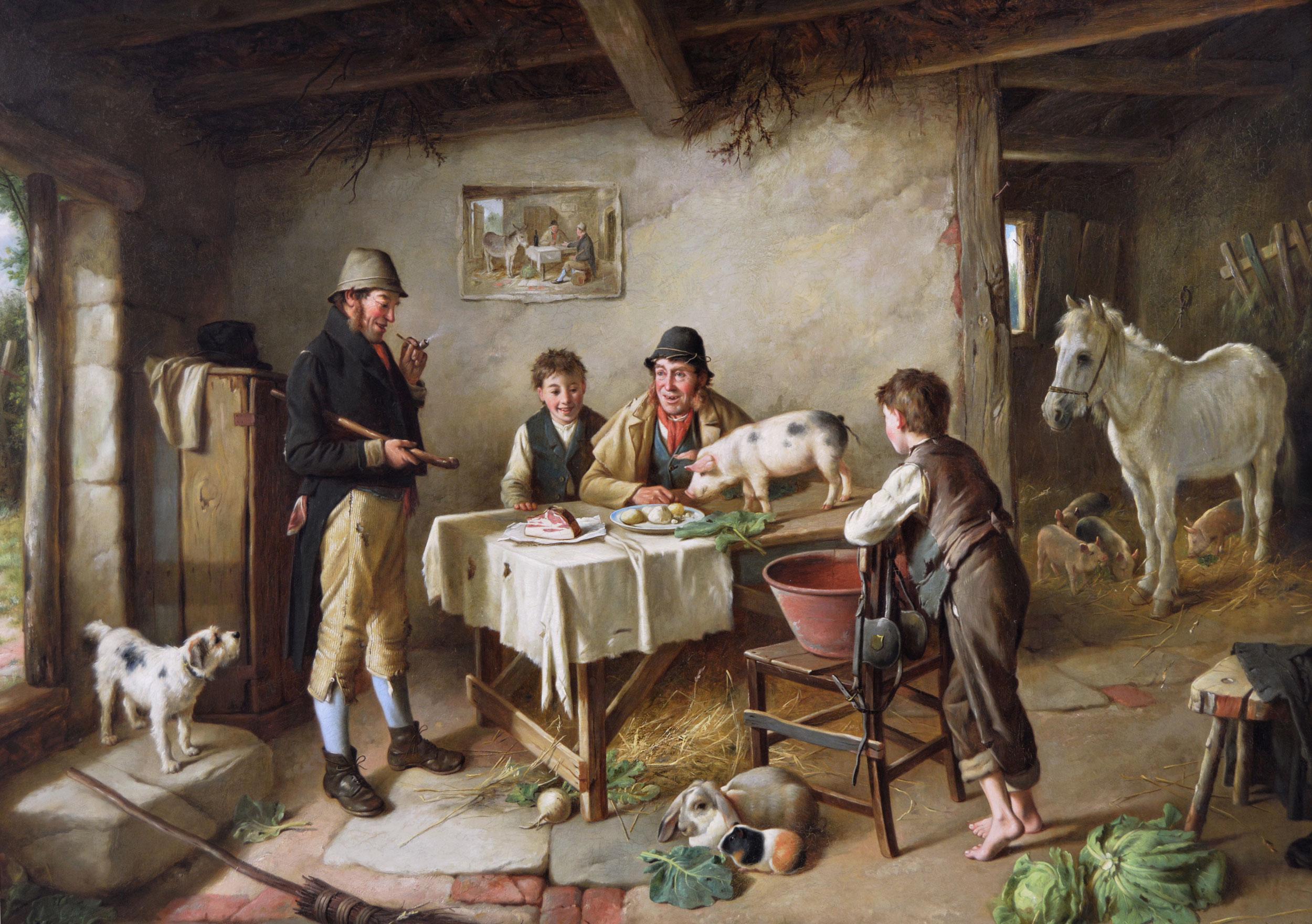 Dipinto a olio di genere del XIX secolo con figure in un cottage con animali - Painting di Charles Hunt Jnr