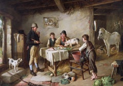 Dipinto a olio di genere del XIX secolo con figure in un cottage con animali