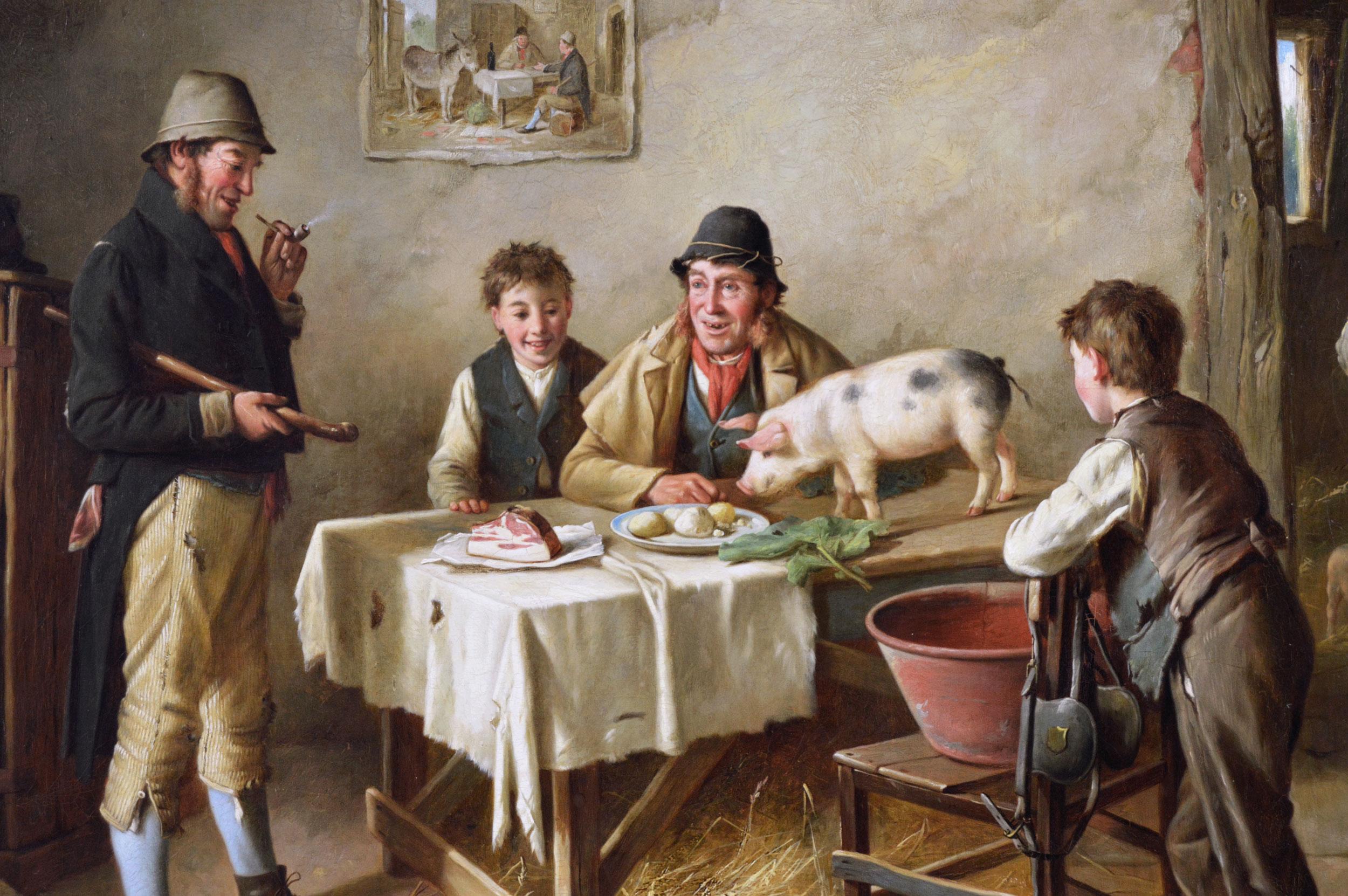 Dipinto a olio di genere del XIX secolo con figure in un cottage con animali - Painting Vittoriano di Charles Hunt Jnr