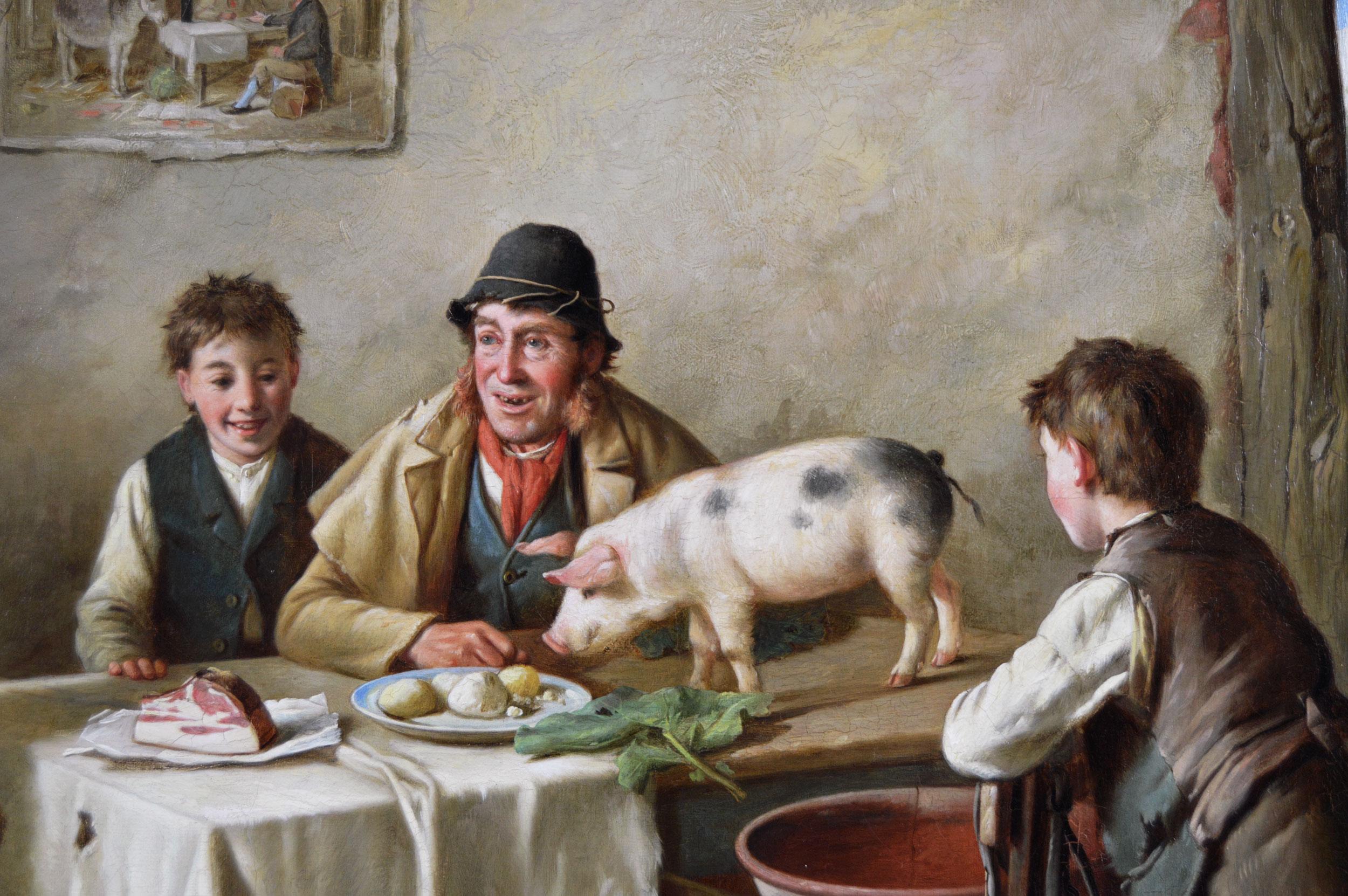 19th Century genre oil painting of figures in a cottage with animals - Victorian Painting by Charles Hunt Jnr