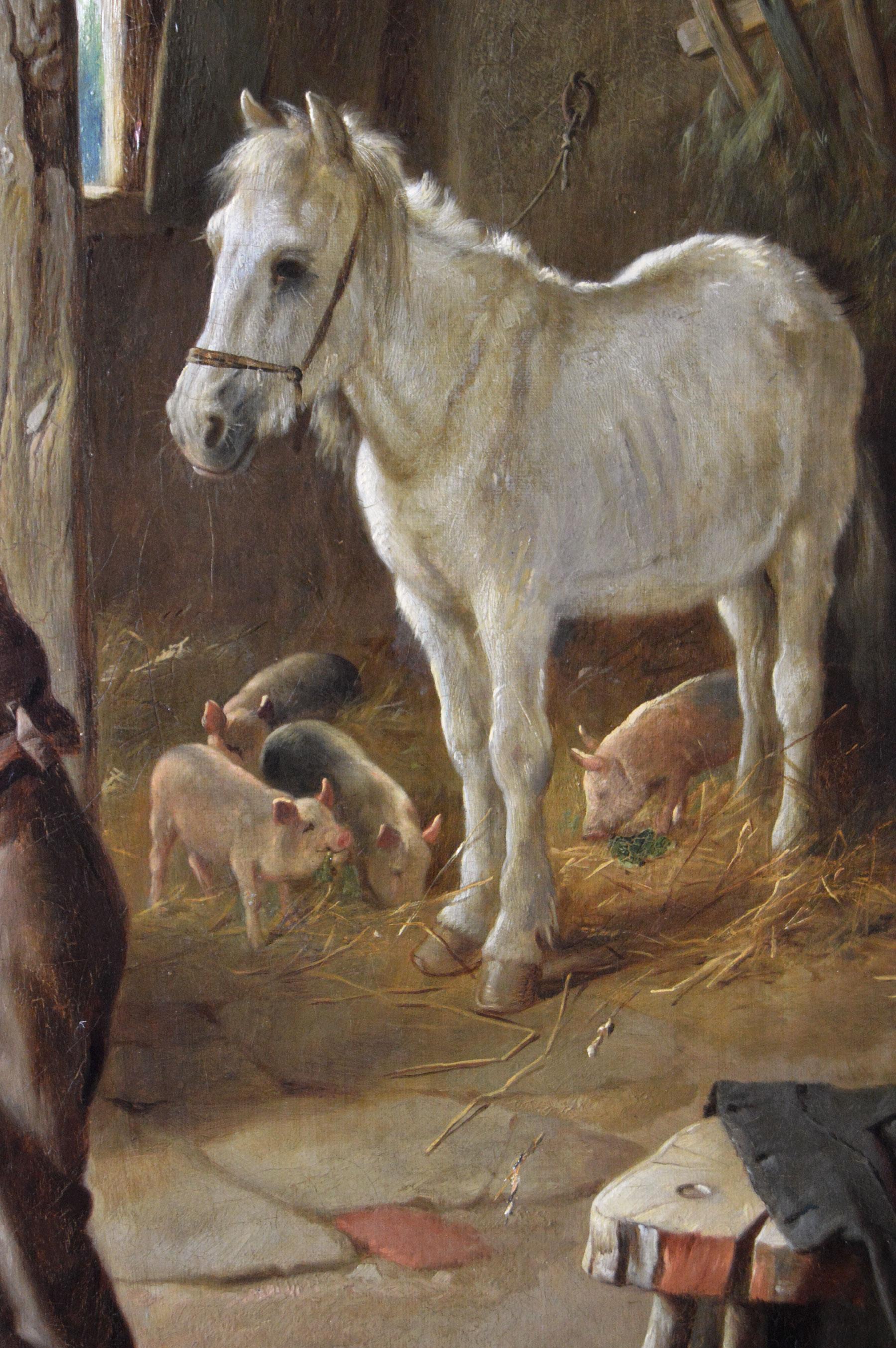 19th Century genre oil painting of figures in a cottage with animals - Brown Figurative Painting by Charles Hunt Jnr