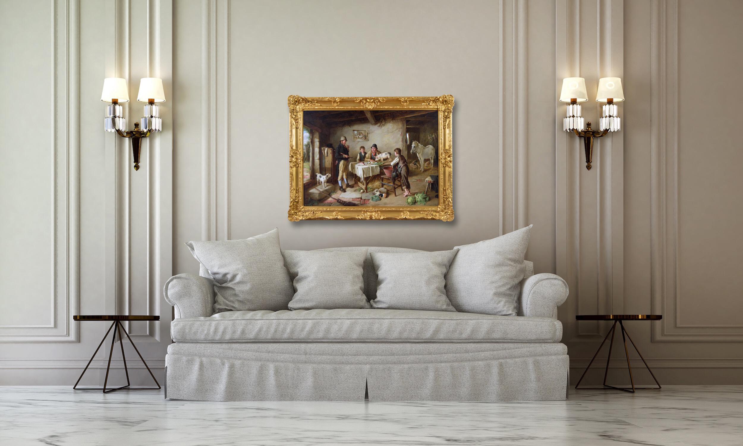 Dipinto a olio di genere del XIX secolo con figure in un cottage con animali in vendita 4