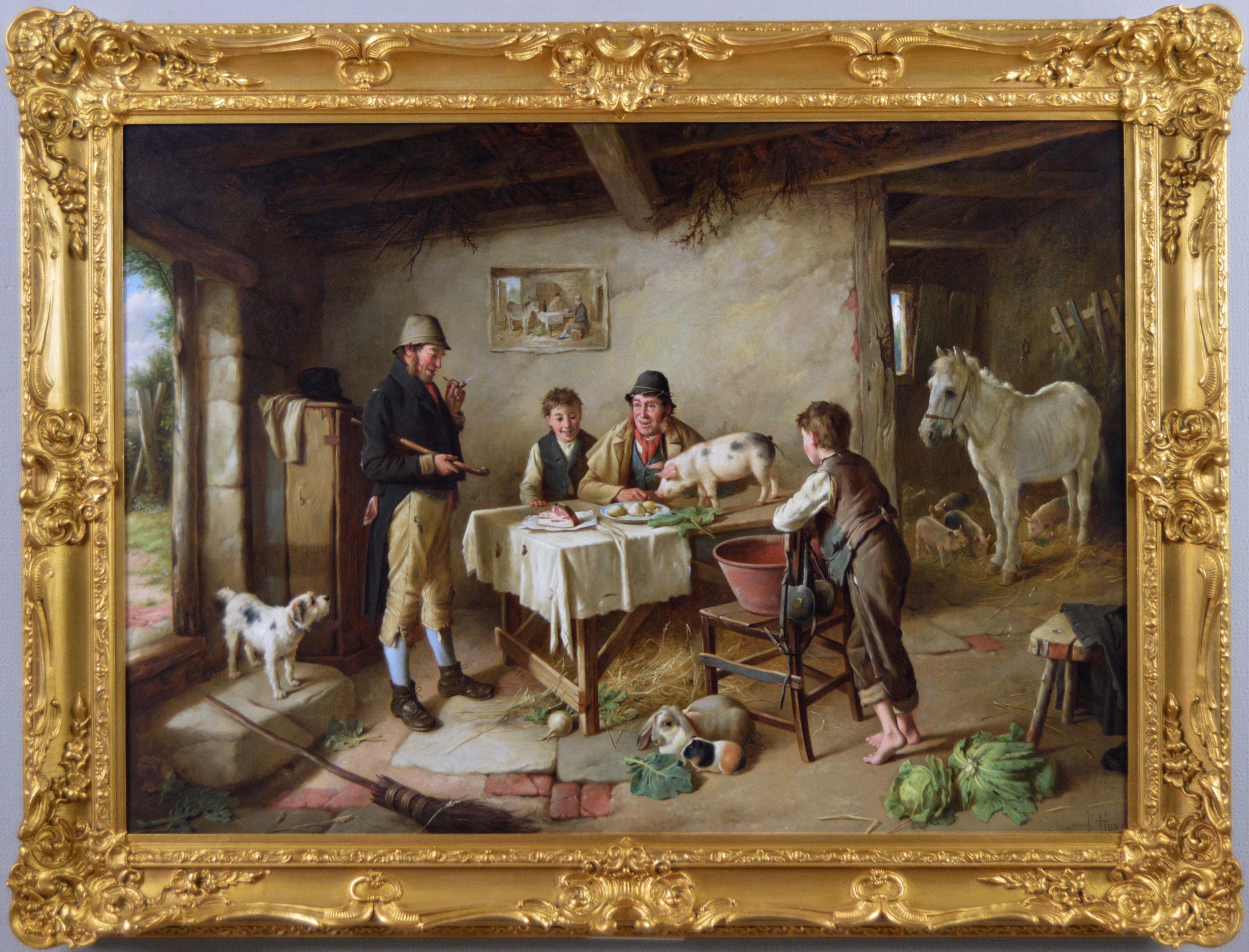 Charles Hunt Jnr Figurative Painting - 19th Century genre oil painting of figures in a cottage with animals