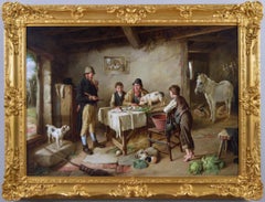 Peinture à l'huile de genre du 19e siècle représentant des personnages dans un chalet avec des animaux