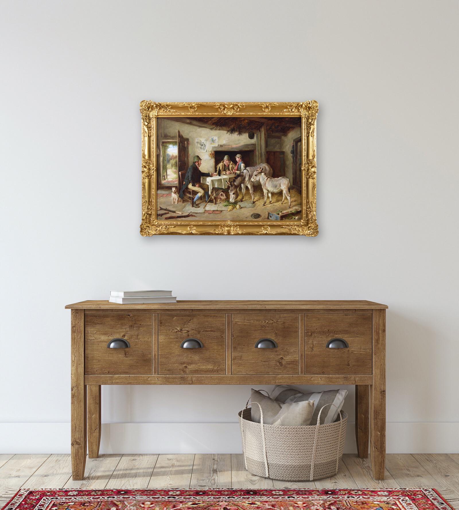 Peinture à l'huile de genre du 19e siècle représentant des personnages dans un cottage avec deux ânes et un chien en vente 5